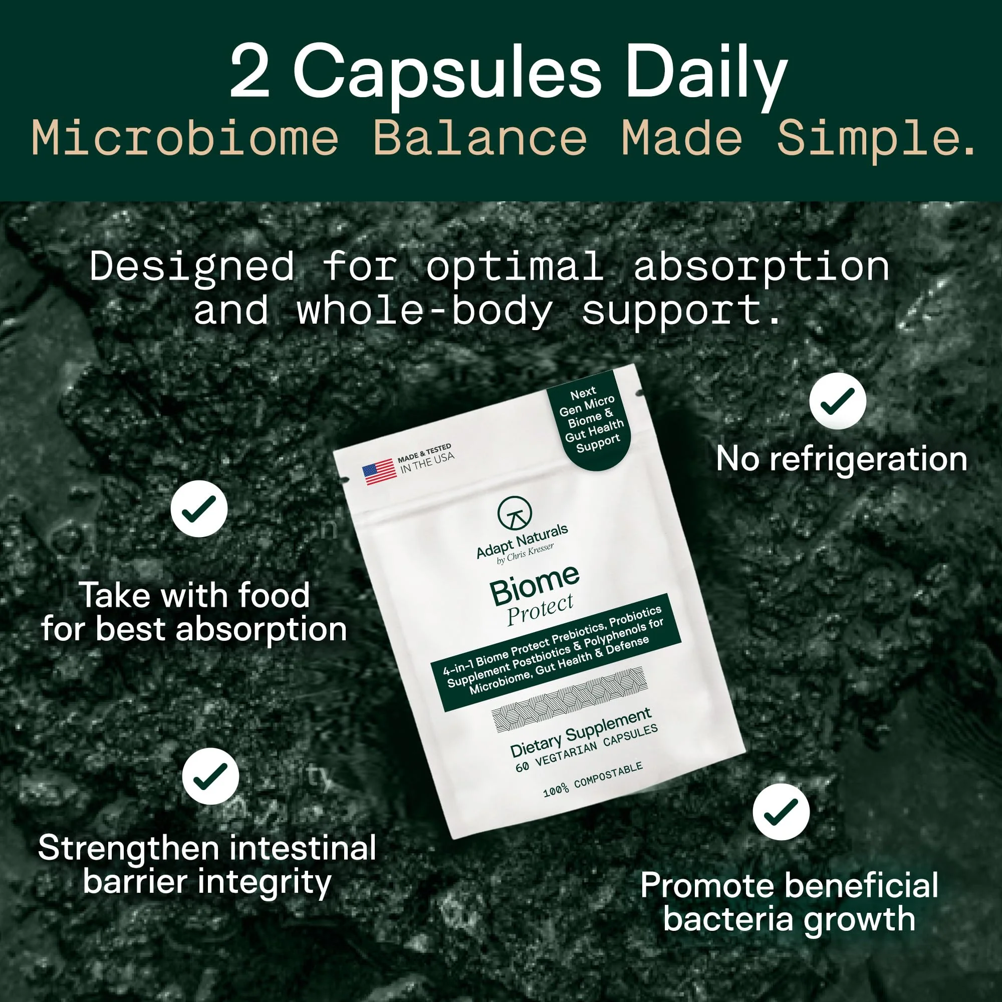 Adapt Naturals 4-in-1 Biome Protect Prebiotics, Probiotics Supplement Postbiotics & Polyphenols for Microbiome, Gut Health & Defense for Women & Men, 60 Day Supply - Image 4