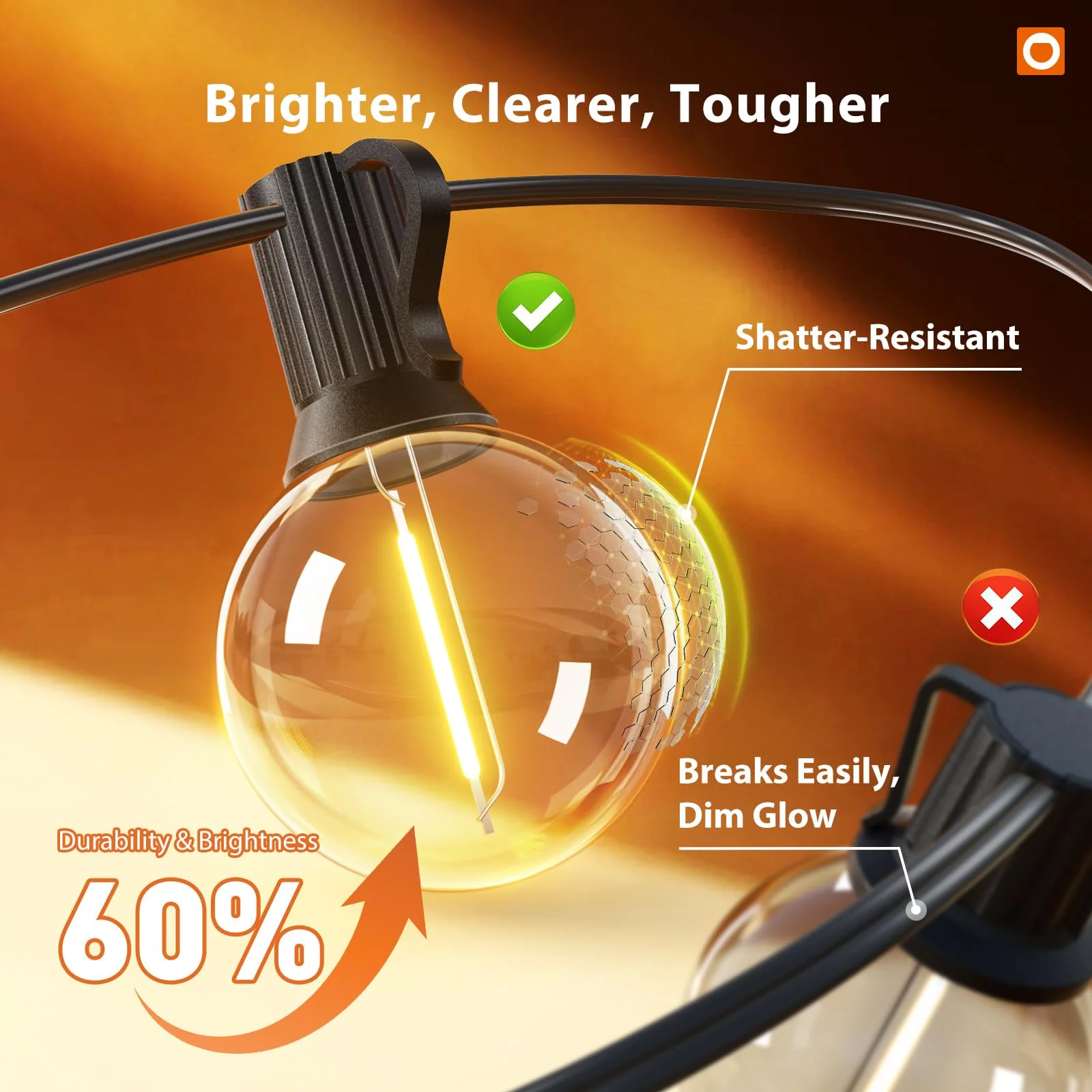 addlon Outdoor String Lights 48FT, LED Shatterproof Bulbs, Dimmable Patio Lights Waterproof, Hanging Outside Lighting for Backyard, Garden, Deck, Balcony, Porch, Café, Decor - Image 4