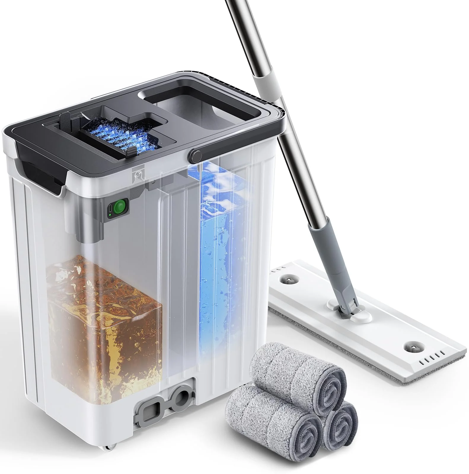 ADICOM Mop and Bucket Set | Auto-Spray Cleaning | Dirty Water Separation Keep Water Fresh | Flat Mop & Bucket with Scraper | 3X Washable Pads | Mops for Floor Cleaning All Floors Tile Wall Window