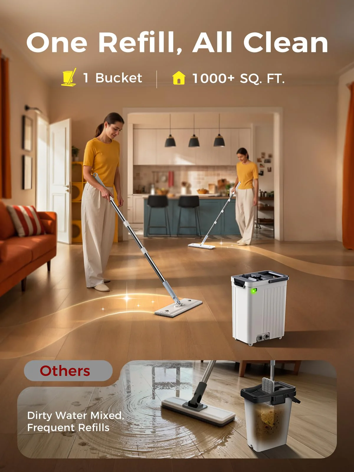 ADICOM Mop and Bucket Set | Auto-Spray Cleaning | Dirty Water Separation Keep Water Fresh | Flat Mop & Bucket with Scraper | 3X Washable Pads | Mops for Floor Cleaning All Floors Tile Wall Window - Image 7