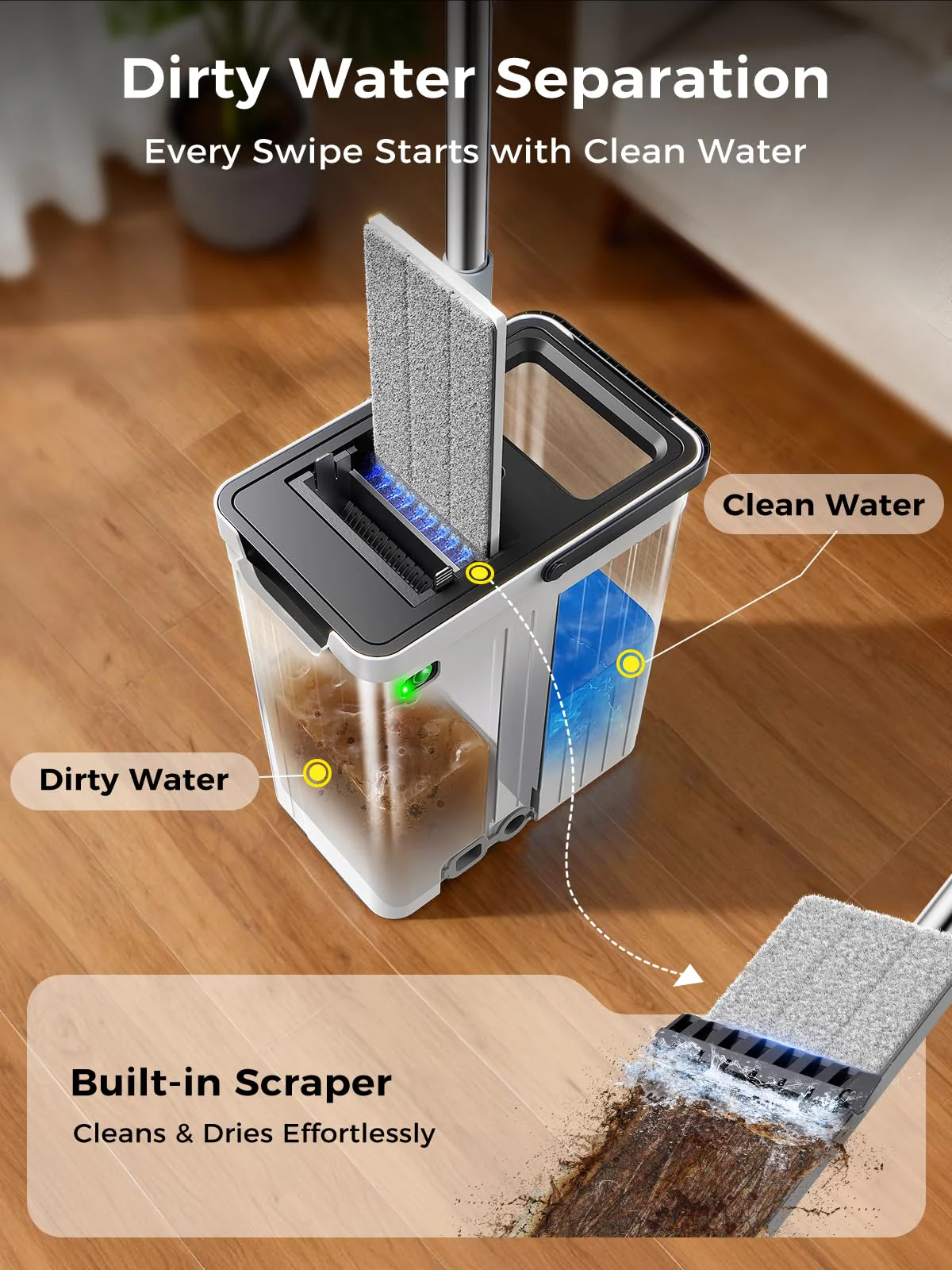 ADICOM Mop and Bucket Set | Auto-Spray Cleaning | Dirty Water Separation Keep Water Fresh | Flat Mop & Bucket with Scraper | 3X Washable Pads | Mops for Floor Cleaning All Floors Tile Wall Window - Image 9