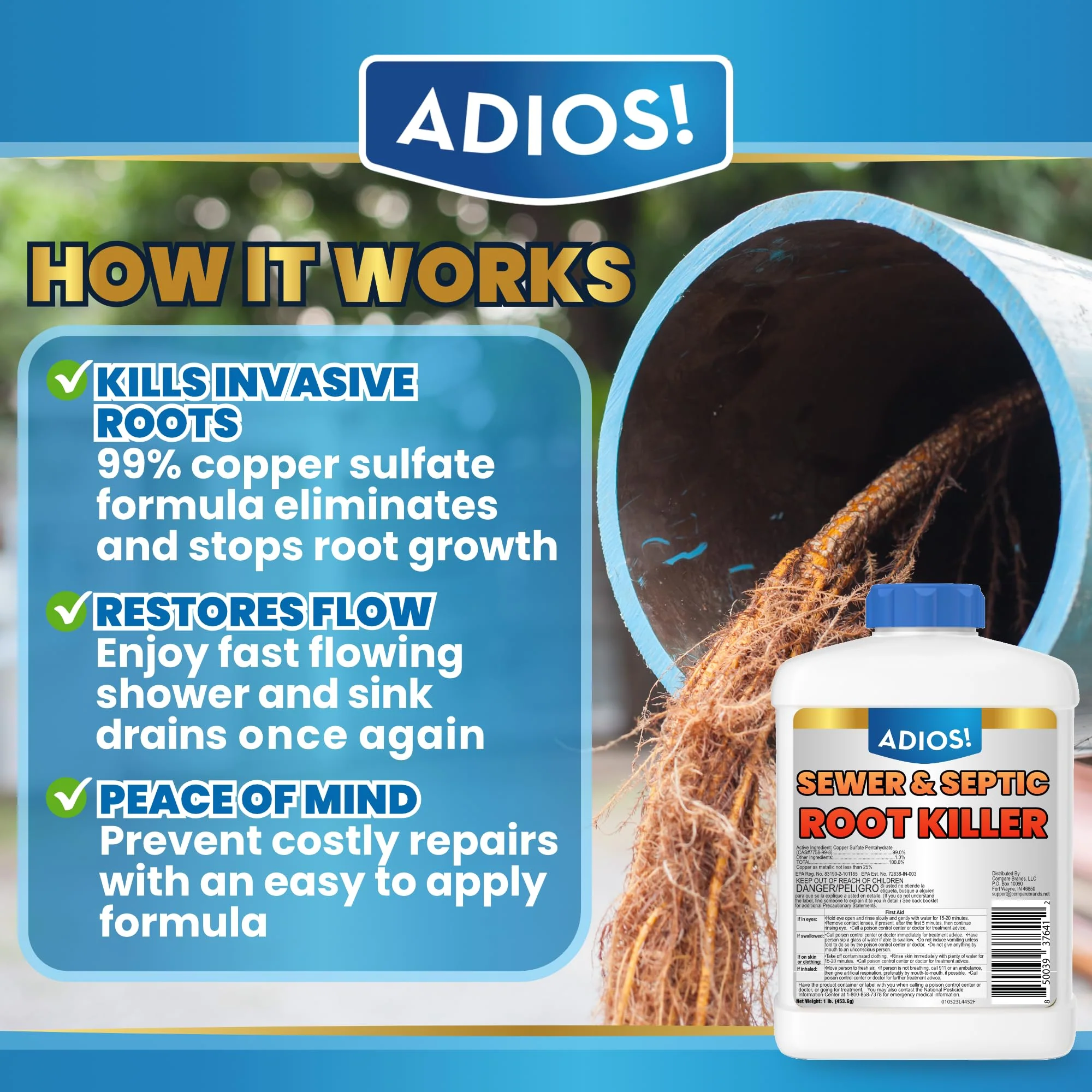 Adios! Sewer and Septic Root Killer for Trees and Shrubs, Copper Sulfate Formula Protects Sewer Pipes, Drains and Septic Tanks from Invasive Root Growth (2 Pound) - Image 7