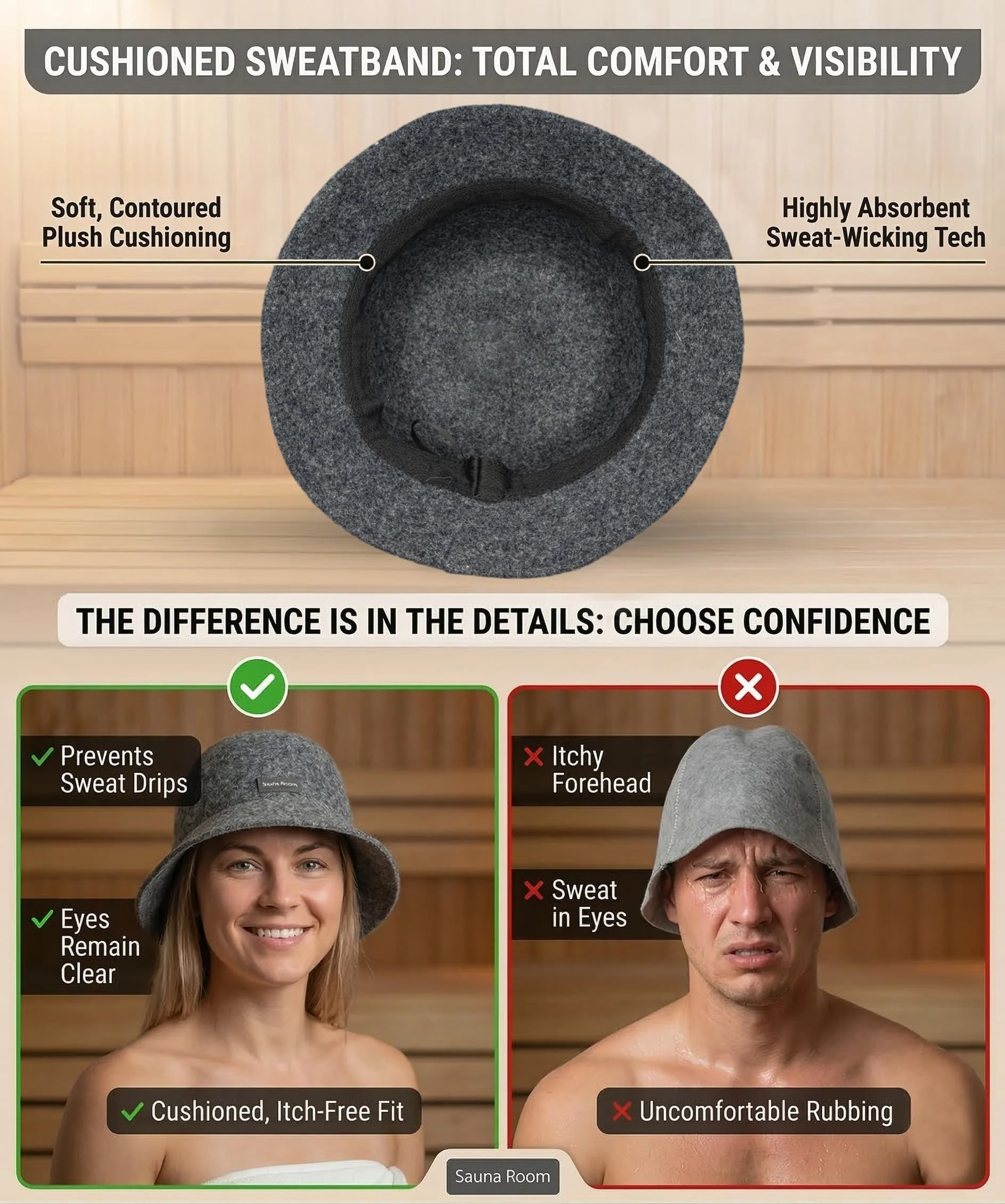 Adjustable Natural Wool Sauna Hat for Men and Women - Sauna Cap with Sweatband - Insulating Breathable Wool Banya Hat for Spa, Home Steam Room, Bathhouse - Comfortable Unisex Steam Room Hats - Image 5