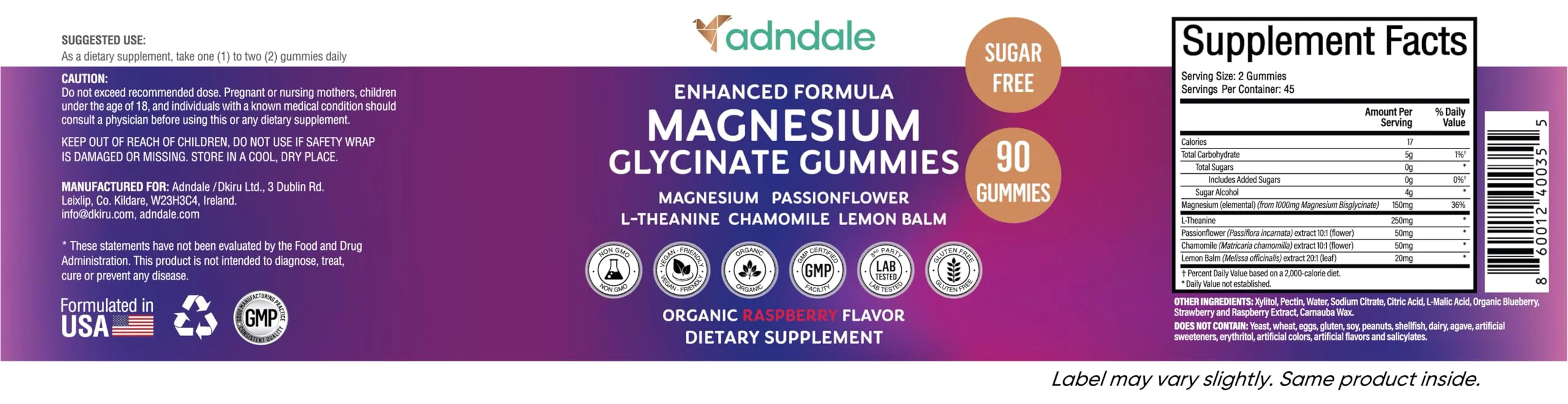 Adndale Magnesium Glycinate 400 mg Gummies with Ashwagandha, Magnesium Malate & Taurate, Tart Cherry, Magnolia Bark, Lemon Balm, Passionflower, Chamomile, L-Theanine, Zinc, Vitamin K2 & D3. 180CT - Image 9