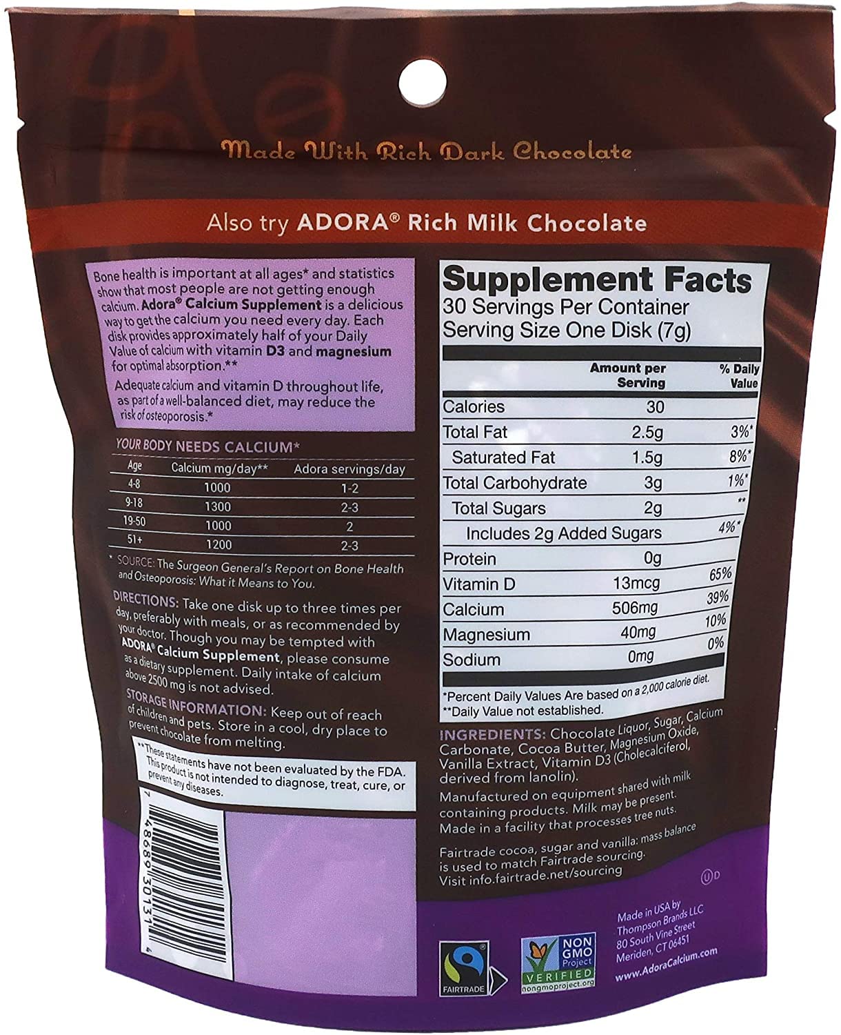 Adora Calcium Supplement, Fairtrade Dark Chocolate, Pack of 12 - 30 ct - Image 3