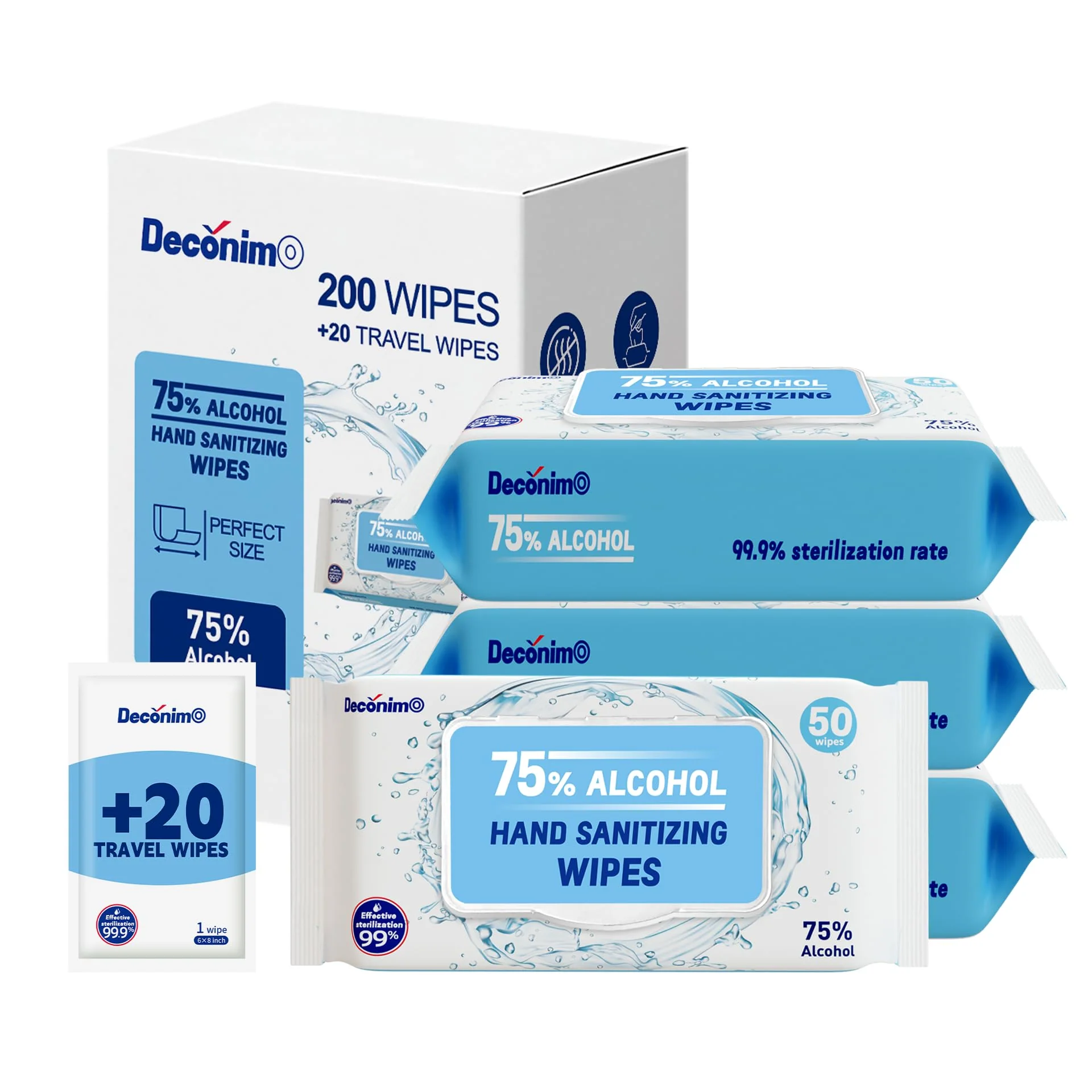 Advanced Large 75% Alcohol Hand Sanitizing Wipes, 4 Packs of 50 (200 count +20 travel wipes) - (Each Wipe Size 6" x 8")