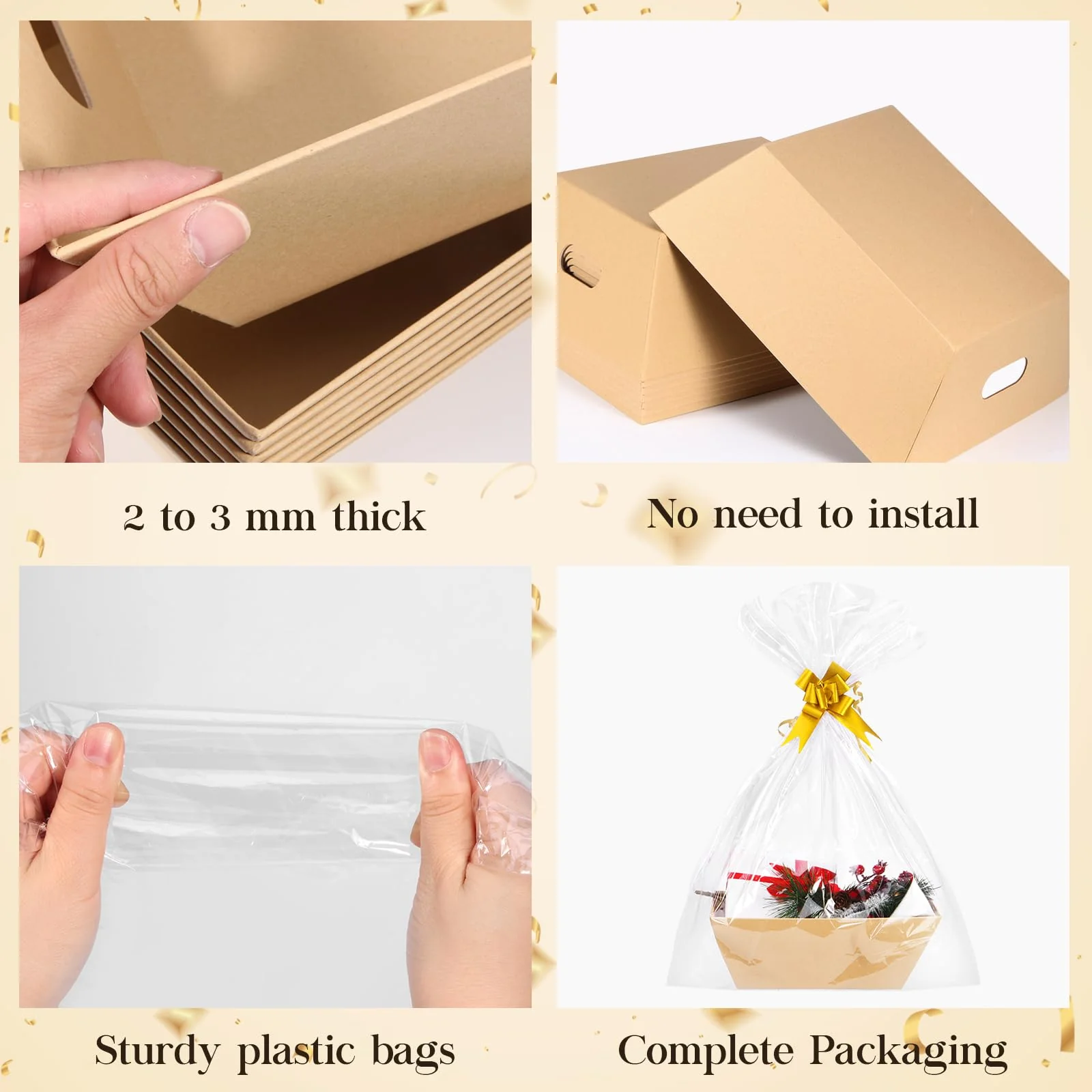 AFOROEOA 10PACK Baskets For Gifts Empty, 10x12”Thick Kraft Gift Basket with 10 Bows 10 Bags Empty Gift Baskets for Christmas, Valentine’s Day, Easter, Birthdays, Snacks, Farmers Market - Image 4