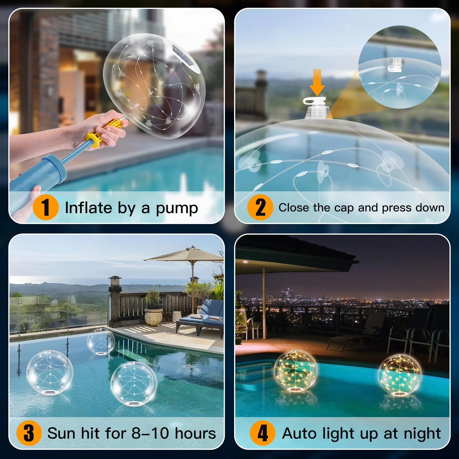 afzdby Floating Pool Lights Solar Powered,14 Inch 3000K Warm White Inflatable Glow in The Dark Balls,IP68 Waterproof Led Light up for Inground Pool,Christmas Decorations Outdoor Ornaments - Image 4