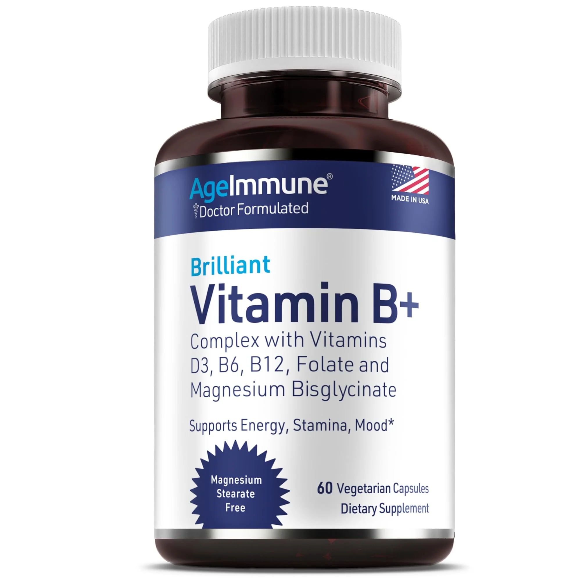 AgeImmune Vitamin B Complex with Vitamin D3 B12 B6 Magnesium Bisglycinate and Folate as Methylfolate - Doctor Formulated Methylated B Complex Supplement – 60 Capsules - Without Niacin