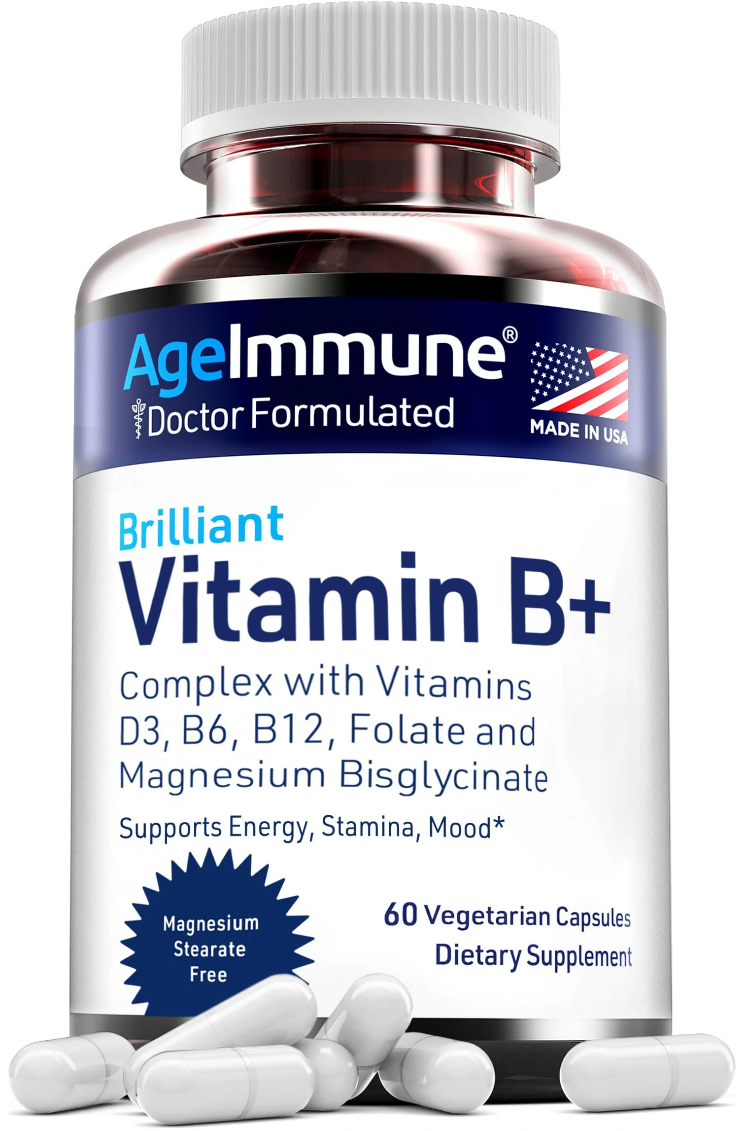 AgeImmune Vitamin B Complex with Vitamin D3 B12 B6 Magnesium Bisglycinate and Folate as Methylfolate - Doctor Formulated Methylated B Complex Supplement – 60 Capsules - Without Niacin - Image 3