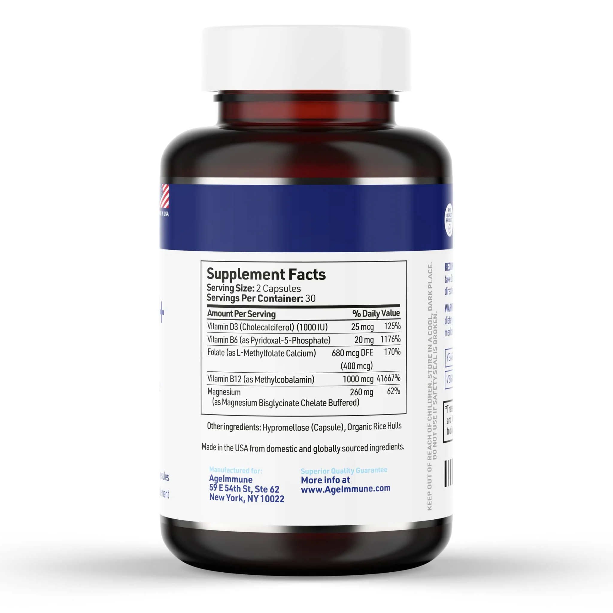 AgeImmune Vitamin B Complex with Vitamin D3 B12 B6 Magnesium Bisglycinate and Folate as Methylfolate - Doctor Formulated Methylated B Complex Supplement – 60 Capsules - Without Niacin - Image 8