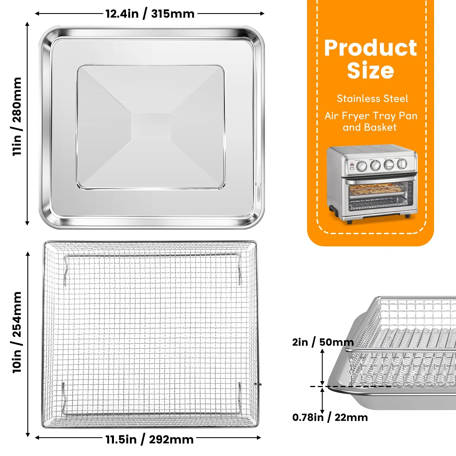 Air Fryer Basket Tray Replacement for Cuisinart TOA-60 TOA-65 TOA-70 Toaster Air Fryer Convection Oven, 12.4 * 11'' Mesh Air Fryer Steel Basket Wire Rack Accessories Parts, Dishwasher Safe - Image 3