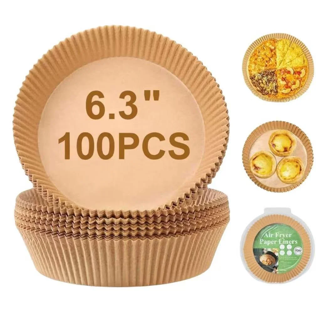 Air Fryer Disposable Paper Liner, 100PCS 6.3" Natural Parchment Paper for Air Fryer Oil-proof Water-proof, Food Grade Parchment for AirFryer, Steamer, Microwave Etc