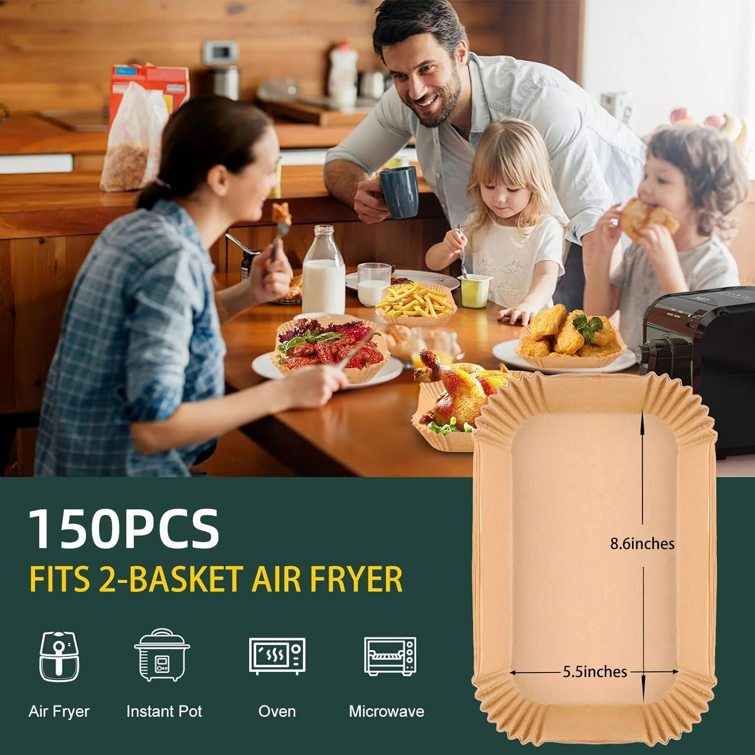 Air Fryer Disposable Paper Liners for Ninja Dual Airfryer Accessories, Non-Stick Parchment Rectangular for Baking, Oil Proof, Water Proof, for Microwave Oven (150PCS, 8.6in x 5.5in） - Image 3