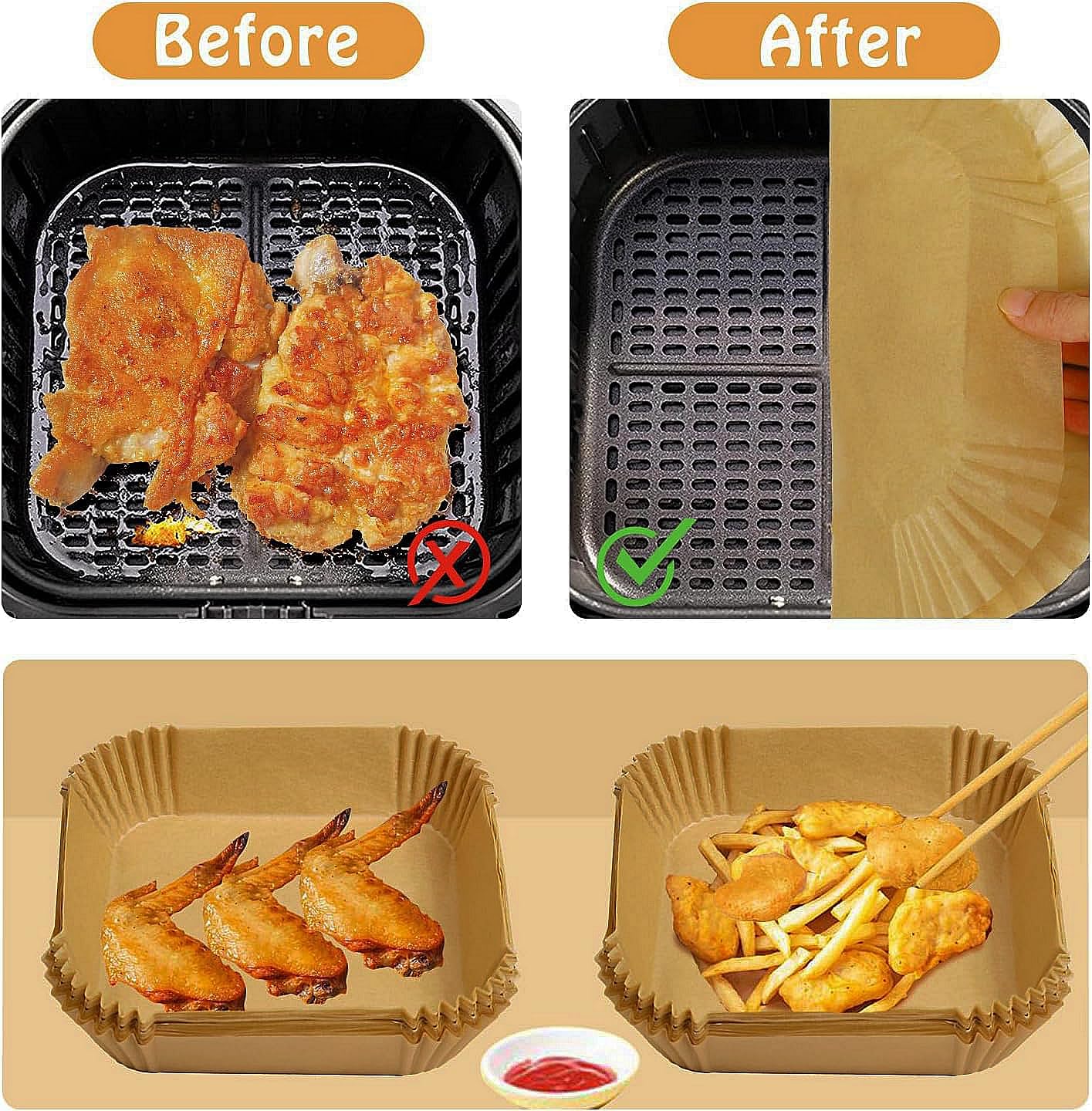 Air Fryer Liners Disposable for Most Small Air Fryer 2-5 Qt, 150 Pcs Square Parchment Paper Mini Air Fryer Liners for 2-5 Qt - Image 6