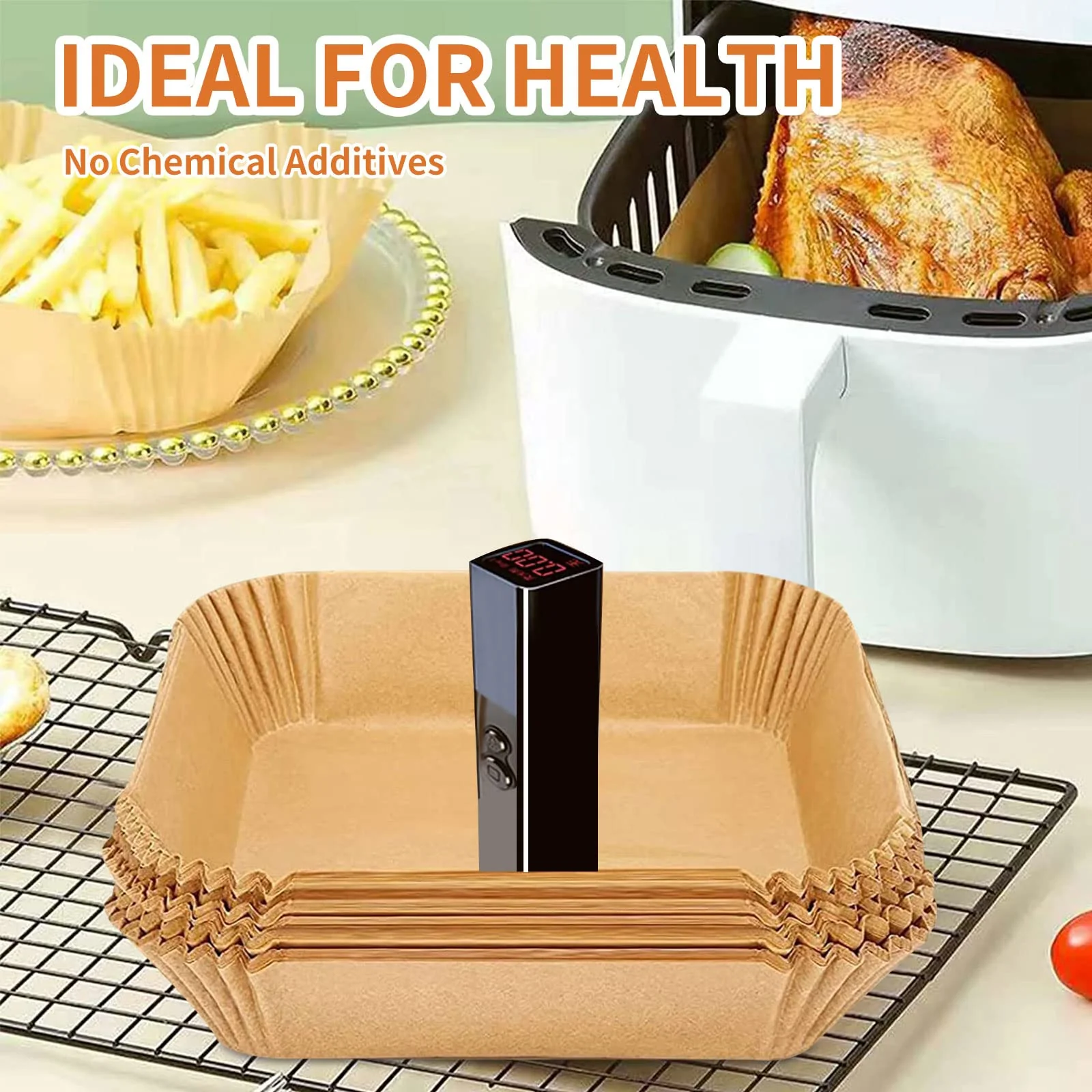 Air Fryer Liners Disposable Square, 100PCS 6.3 INCH Airfryer Liners, Natural Non-stick Parchment Paper for Air Fryer Oil-proof Water-proof, Paper liners for air fryer, Steamer, Baking, Microwave Etc - Image 7