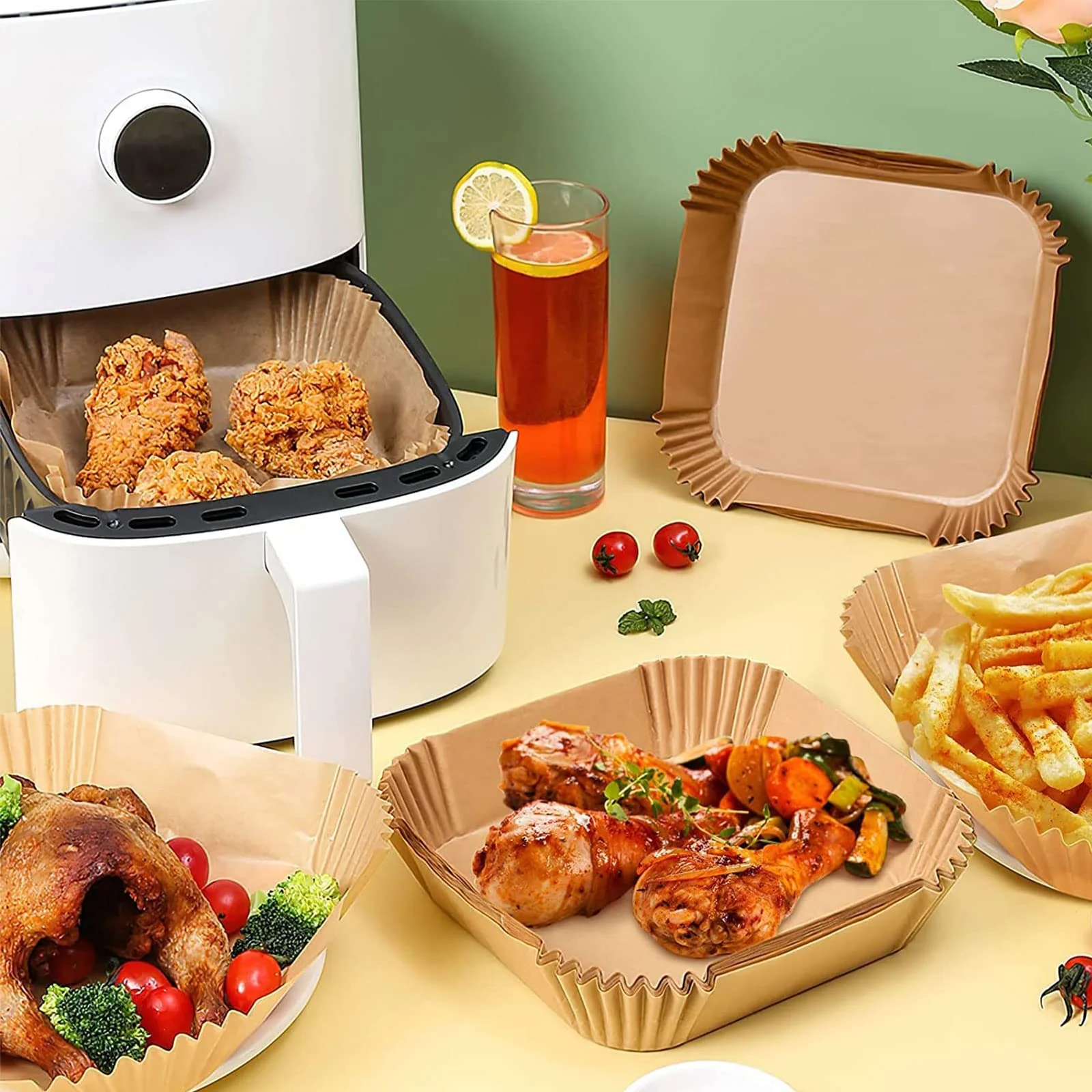 Air Fryer Liners Disposable Square, 100PCS 7.9 INCH Airfryer Liners, Natural Non-stick Parchment Paper for Air Fryer Oil-proof Water-proof, Paper liners for air fryer, Steamer, Baking, Microwave Etc - Image 2