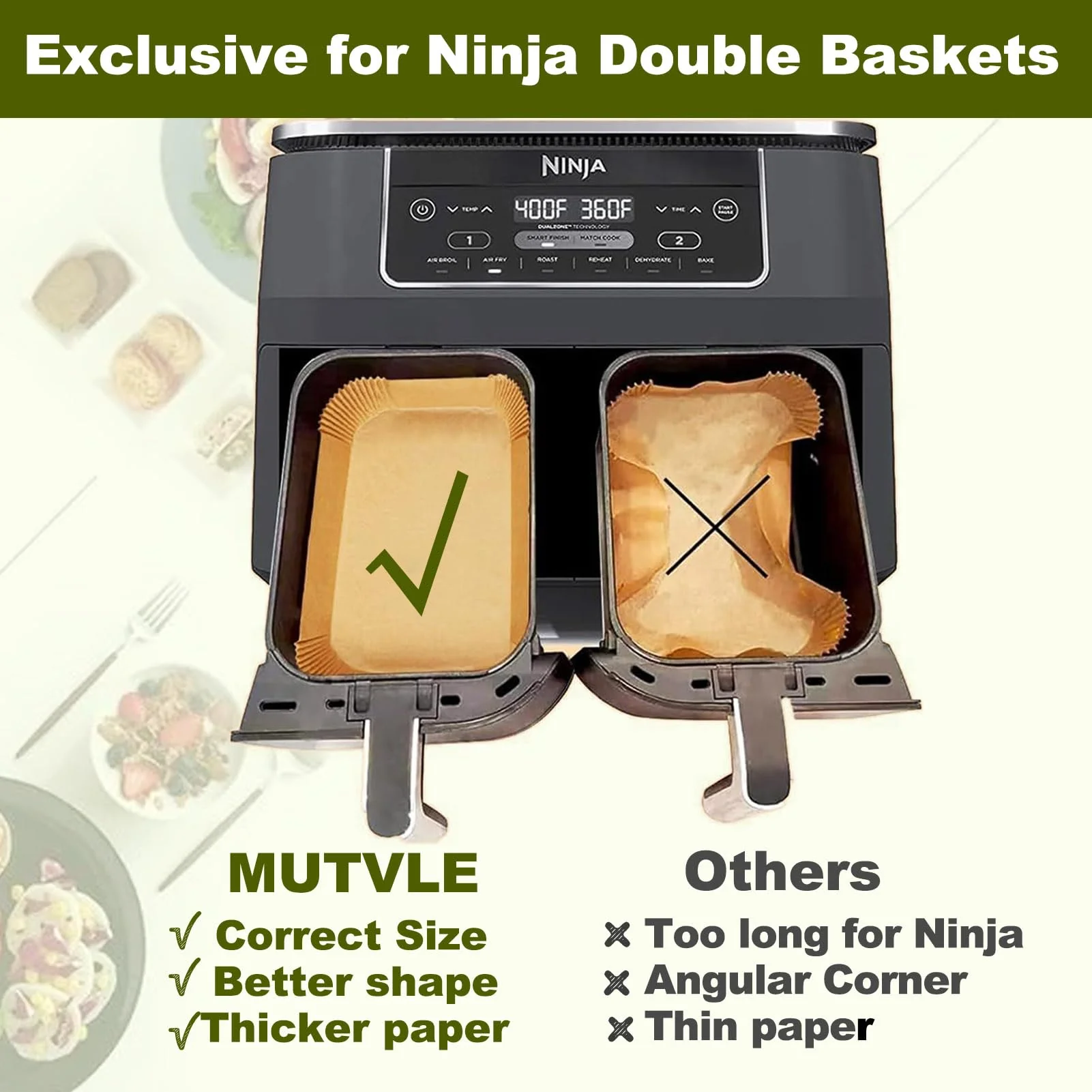 Air Fryer Liners for Ninja Dual, Air Fryer Parchment Paper Liners Disposable for Ninja DZ201, Ninja Foodi Liners, Disposable Ninja Dual Rectangular, AirFryer Paper Liners Rectangle Accessories Ninja - Image 7
