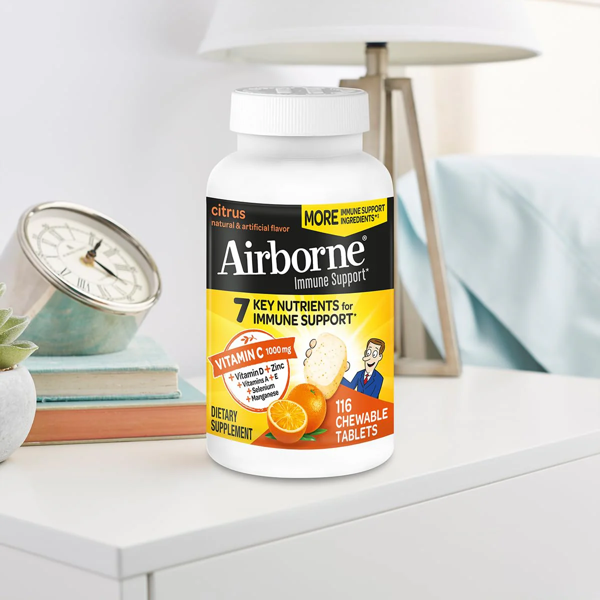 Airborne 1000mg Vitamin C + Zinc Immune Support Supplement Chewable Tablets, Citrus Flavor with Powerful Antioxidants Vitamins A C & E, 116 Chewable Tablets (2 Pack) - Image 3