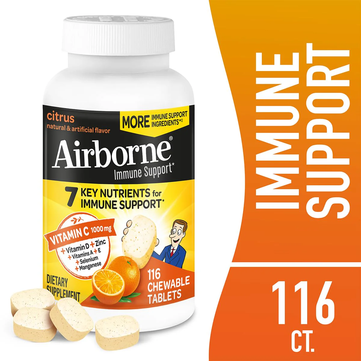 Airborne 1000mg Vitamin C + Zinc Immune Support Supplement Chewable Tablets, Citrus Flavor with Powerful Antioxidants Vitamins A C & E, 116 Chewable Tablets (2 Pack) - Image 9