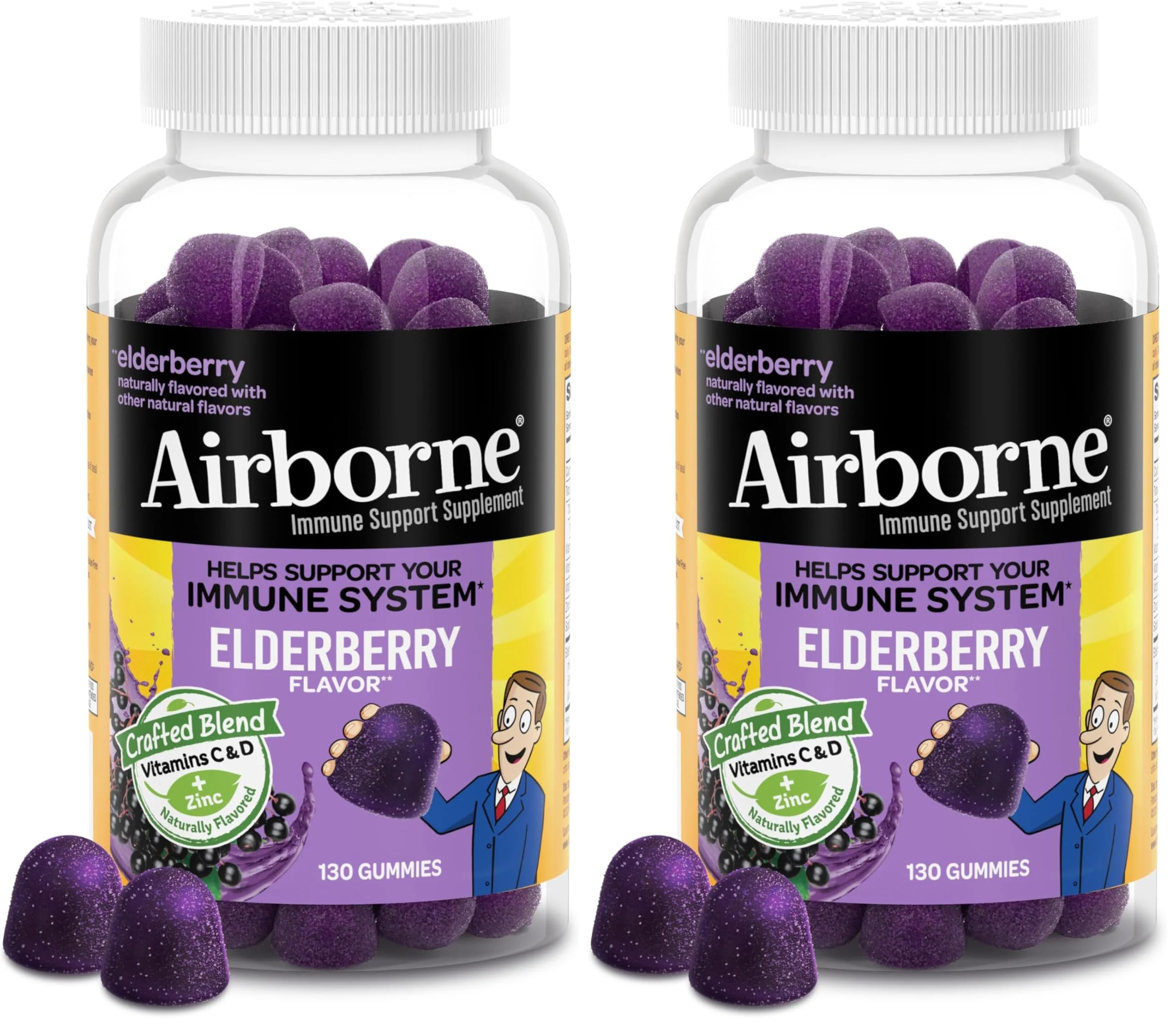 Airborne Elderberry + Zinc & Vitamin C Gummies for Adults,Immune Support with Antioxidants Vitamins C,D & E,Elderberry Flavor,130 Count (Pack of 2)