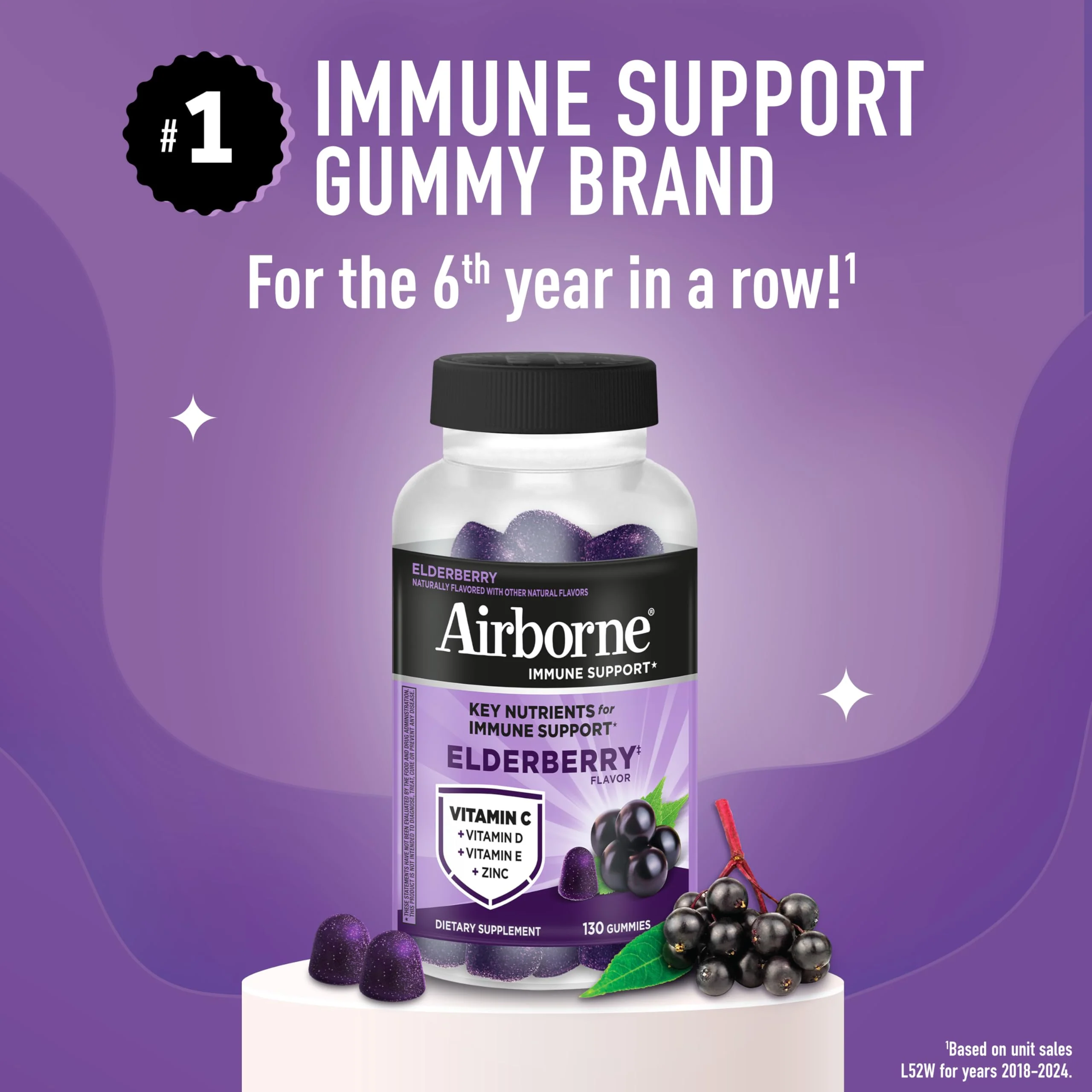 Airborne Elderberry + Zinc & Vitamin C Gummies for Adults,Immune Support with Antioxidants Vitamins C,D & E,Elderberry Flavor,130 Count (Pack of 2) - Image 2