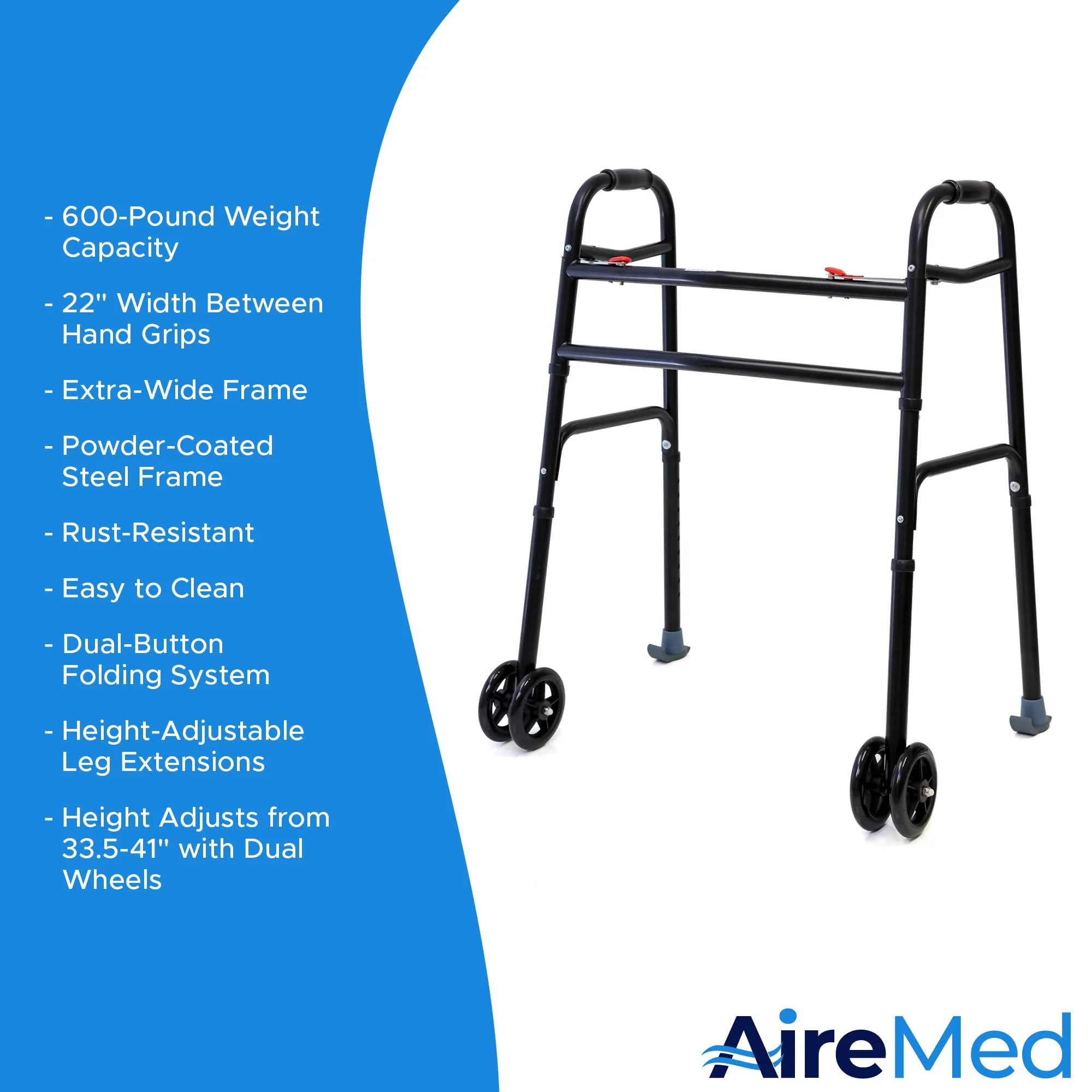 AireMed Bariatric Walker with 5" Wheels – Folding Walker Skis Glides Included - Extra Wide 600 lb Capacity - Adjustable Height - Sturdy Black Steel Frame - Ideal for Seniors and Mobility Support - Image 5