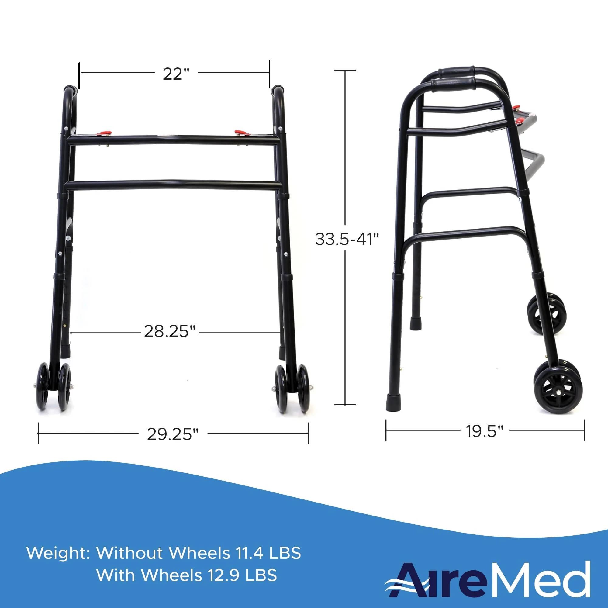 AireMed Bariatric Walker with 5" Wheels – Folding Walker Skis Glides Included - Extra Wide 600 lb Capacity - Adjustable Height - Sturdy Black Steel Frame - Ideal for Seniors and Mobility Support - Image 7