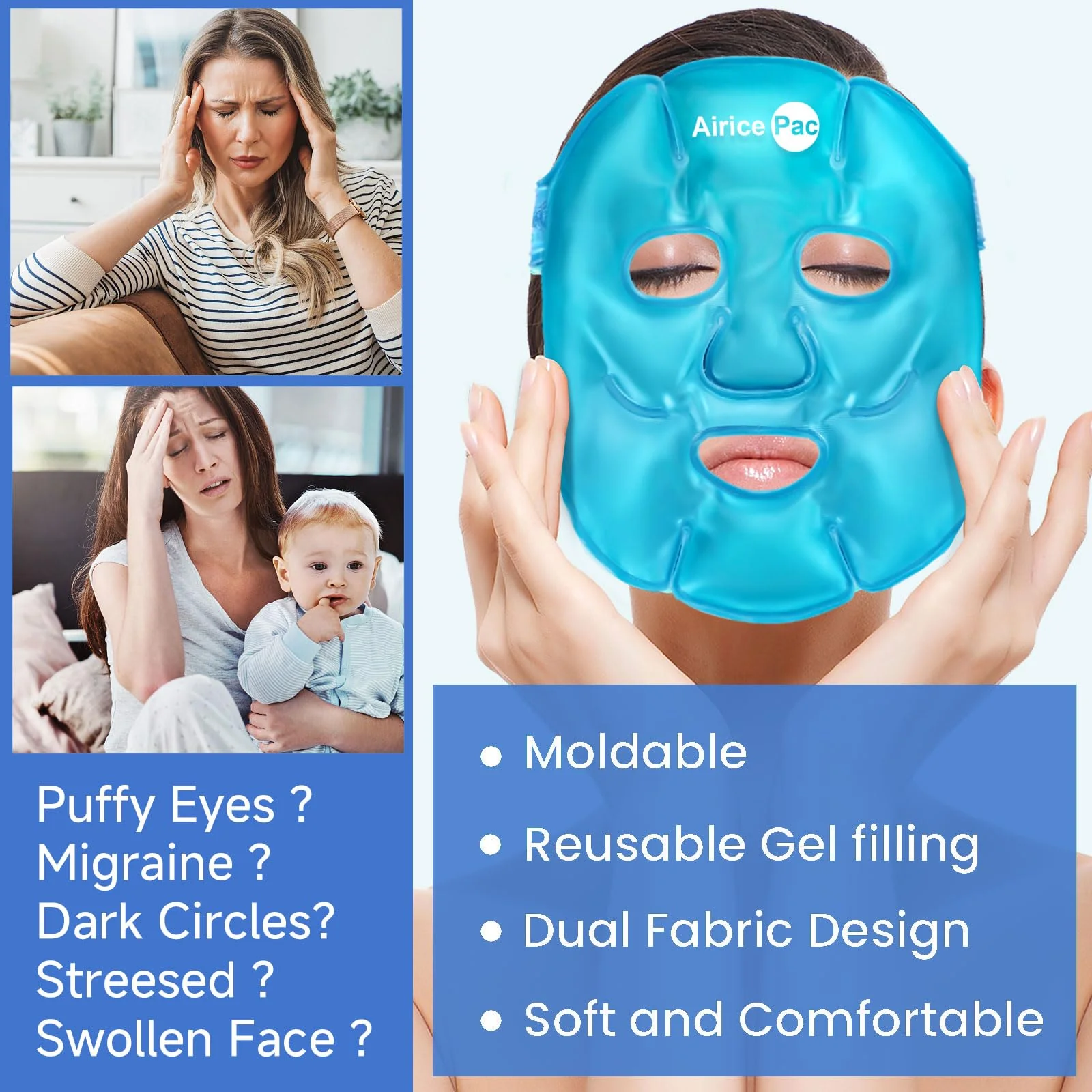AiricePac Colding Ice Face Mask and Cooling Eye Mask for Puffy Eyes & Migraine Relief, Gel Eye Mask, Cool Face Masks for Dark Circles, Eye Surgery, Sleeping, Pressure, Headaches, Skin Care - Image 5