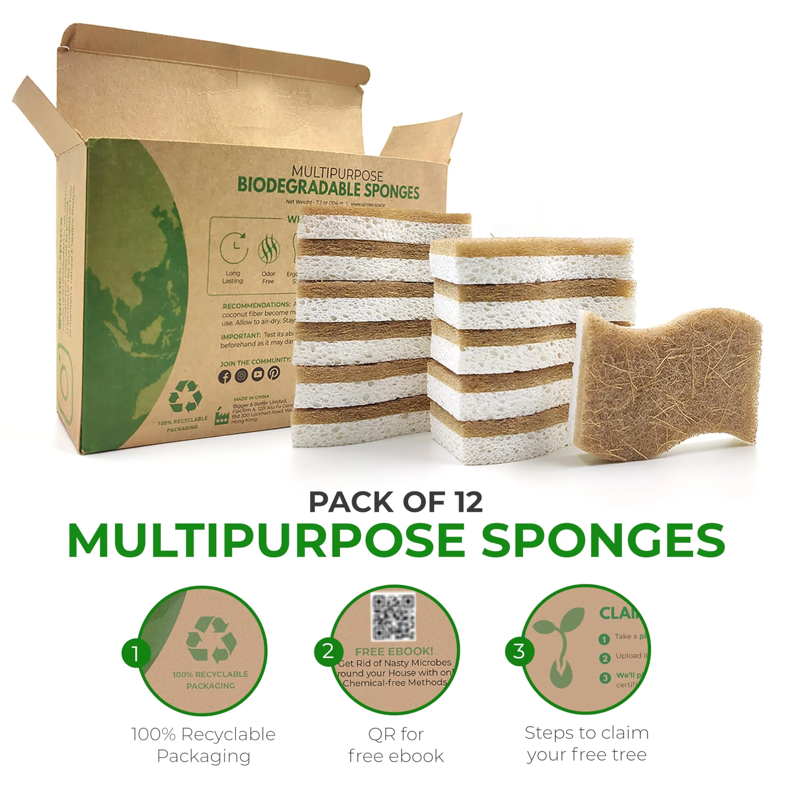 AIRNEX Natural Kitchen Sponges (12 Pack) - Biodegradable Cellulose & Coconut Scrubber Dish Sponges for Kitchen - Eco-Friendly, Non Scratch, Compostable, Non Toxic S-Shaped Natural Sponges for Dishes - Image 7