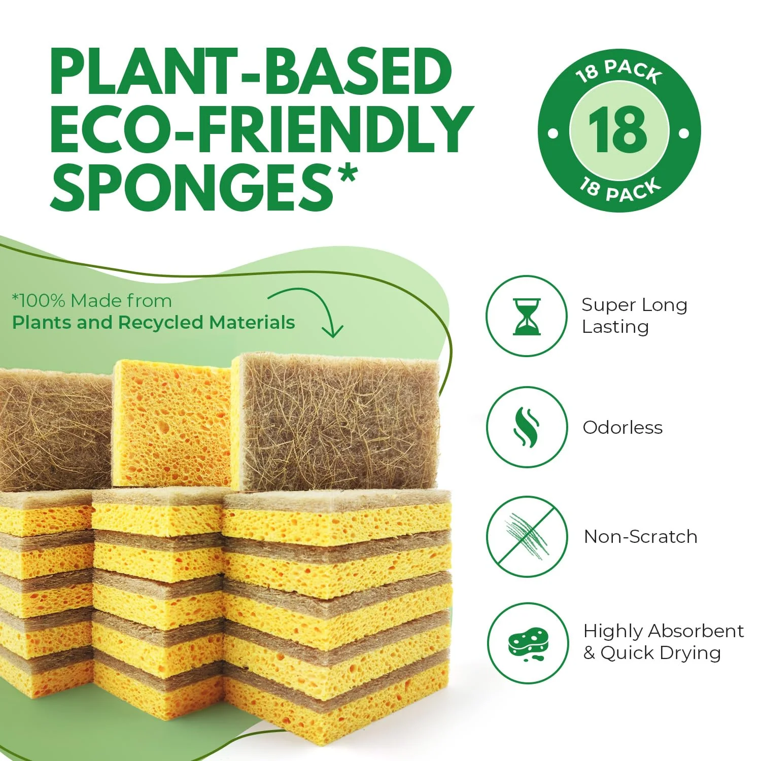 AIRNEX Natural Kitchen Sponges Pack of 18 - Biodegradable Cellulose and Coconut Husk Walnut Scrubbers - Odor Free Non Scratch - Eco Friendly Quick Drying Dishwashing Sponges - Image 7