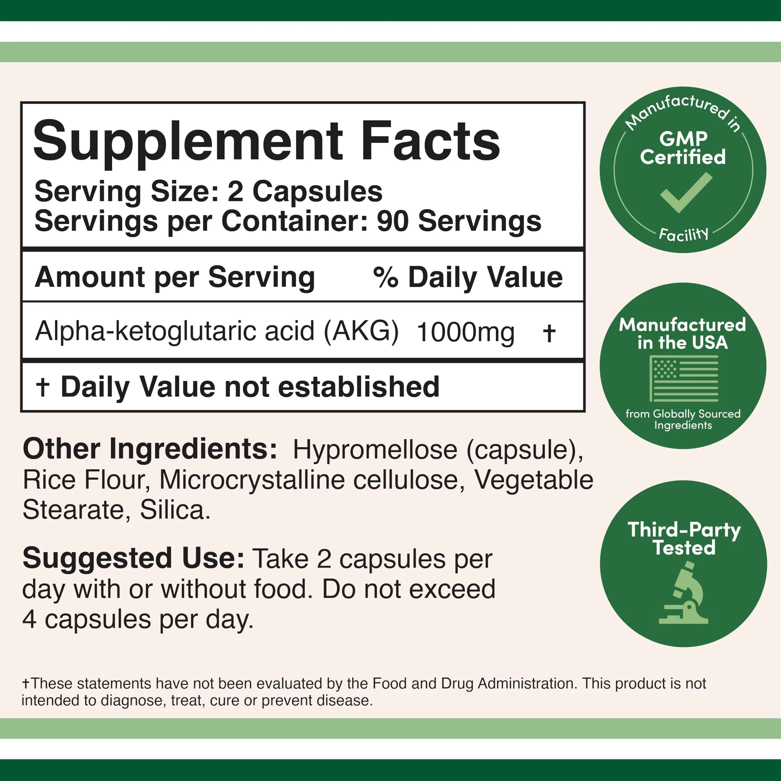 AKG Supplement (Alpha Ketoglutaric Acid) 1,000mg Per Serving (180 Capsules) Different and May Be More Effective Than AAKG (Recently Studied for Healthy Aging Properties) Gluten Free by Double Wood - Image 3