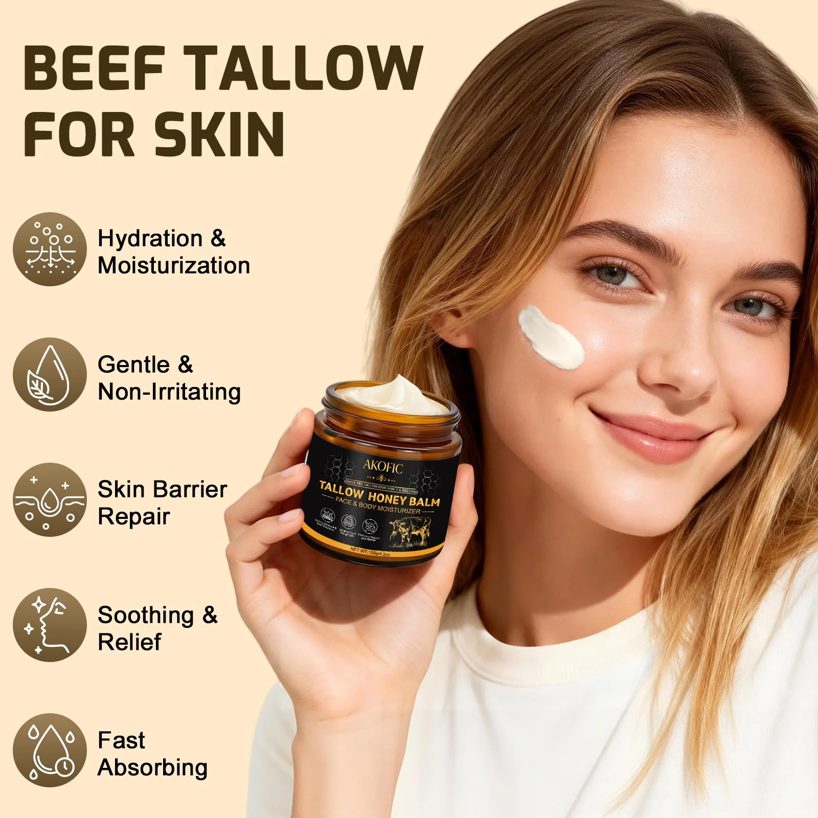 AKOFIC Beef Tallow for Skin, Tallow and Honey Balm, Organic Grass-Fed Beef Tallow for Face with Raw Honey and Beeswax, Body & Face Moisturizer for Dry/Sensitive Skin, Natural Formula, Light Scent - Image 8