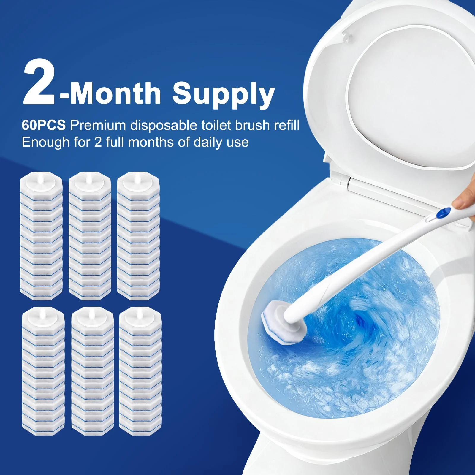 Akopryc 60pcs Toilet Cleaner Refill Pads for Clorox Wand, Upgrade 3-Layer Toilet Scrubber Refills, Won't Fall Apart, Powerful Foam, Safe On Porcelain, Bathroom Cleaning Essentials - Image 2