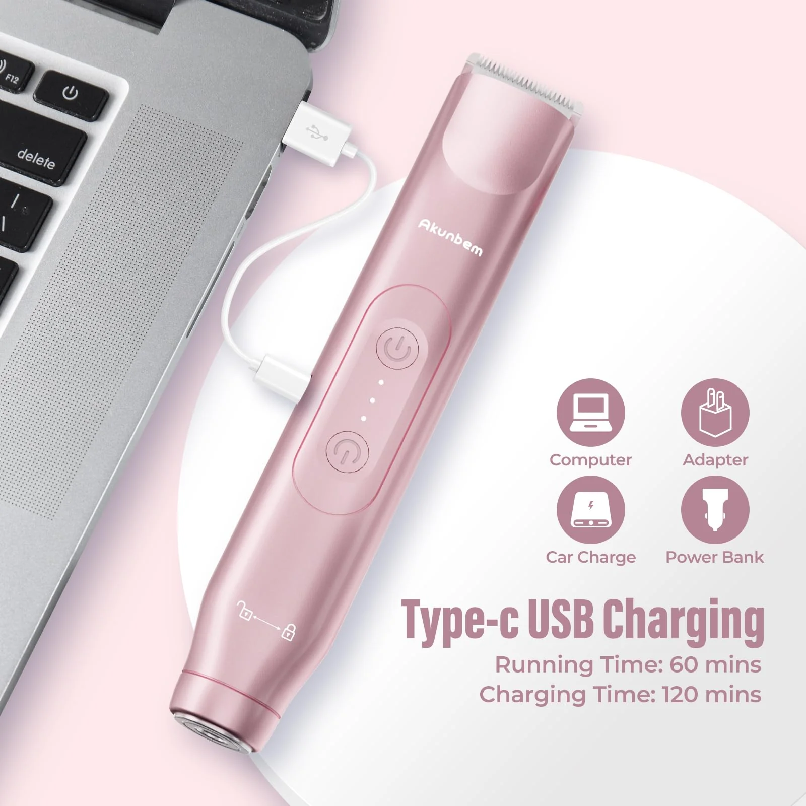 Akunbem 2 in 1 Women Electric Shaver Dual Head Bikini Trimmer for Women IPX7 Waterproof Wet & Dry Use Body Hair Trimmer and Facial Hair Remover for Bikini Underarm Leg Arm Body Face, Pink - Image 4