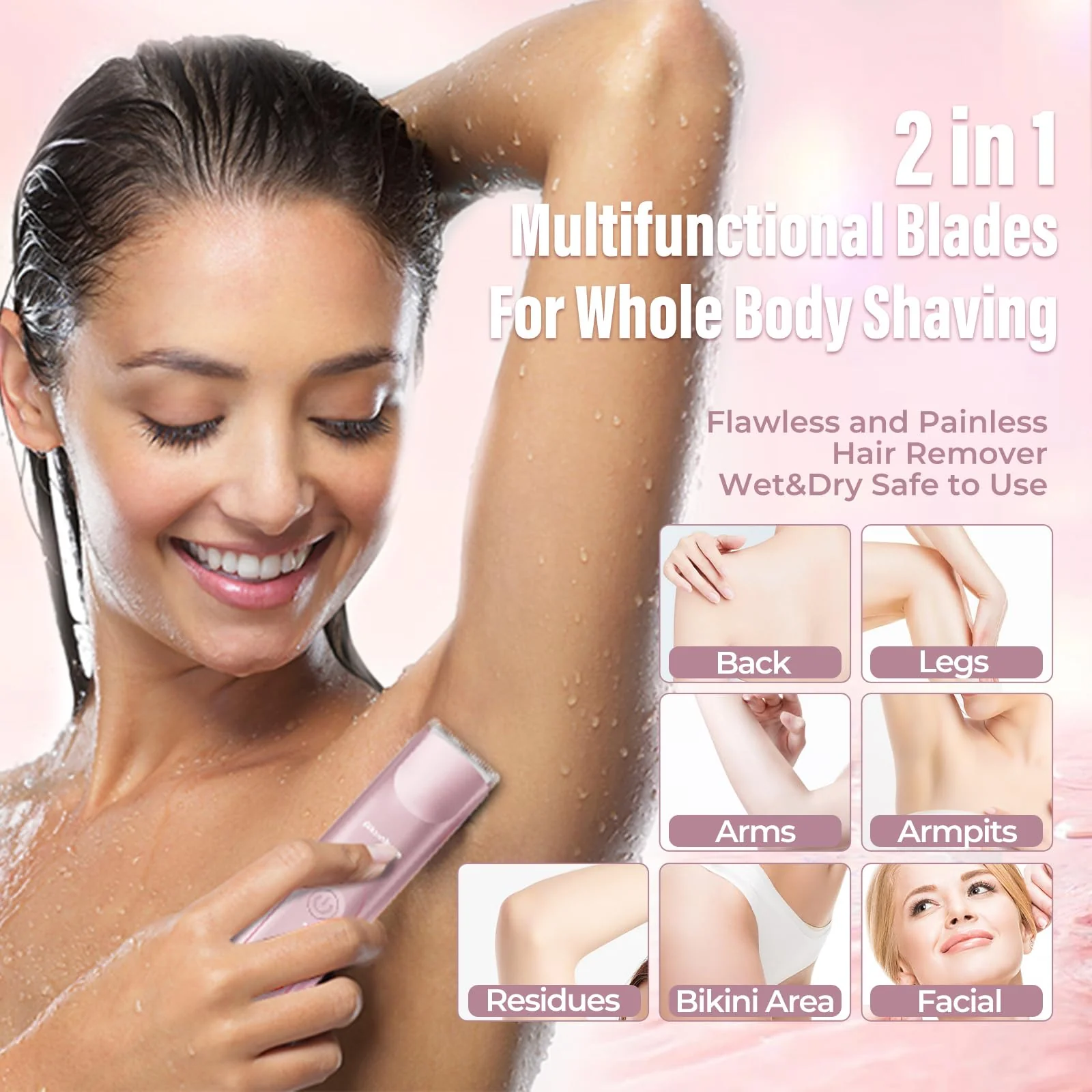 Akunbem 2 in 1 Women Electric Shaver Dual Head Bikini Trimmer for Women IPX7 Waterproof Wet & Dry Use Body Hair Trimmer and Facial Hair Remover for Bikini Underarm Leg Arm Body Face, Pink - Image 6
