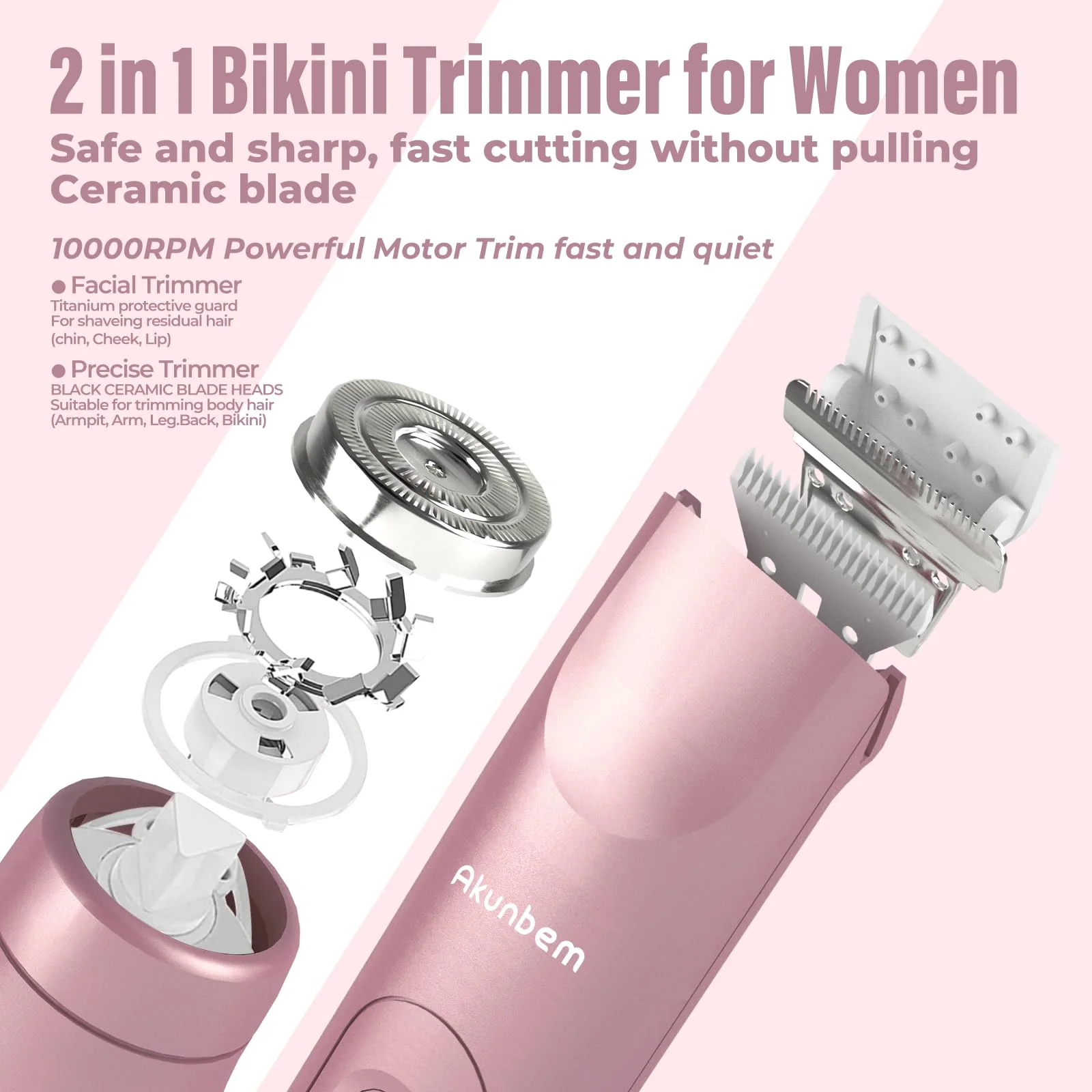 Akunbem 2 in 1 Women Electric Shaver Dual Head Bikini Trimmer for Women IPX7 Waterproof Wet & Dry Use Body Hair Trimmer and Facial Hair Remover for Bikini Underarm Leg Arm Body Face, Pink - Image 8