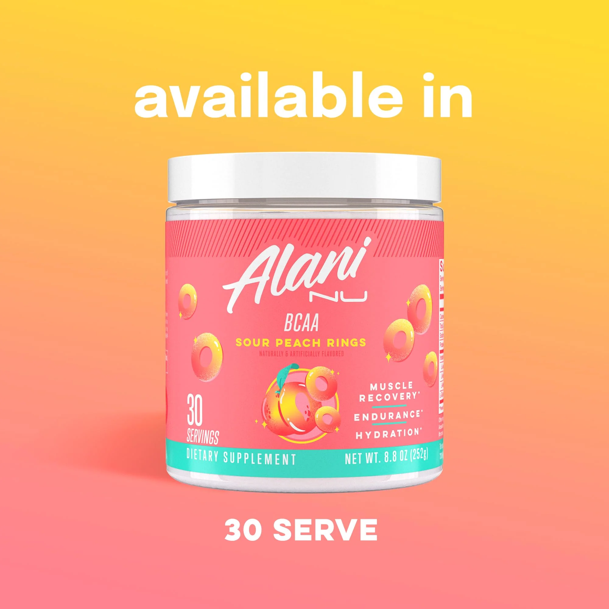 Alani Nu BCAA Sour Peach Ring | Branch Chain Essential Amino Acids | 2:1:1 Formula | Supplement Powder | Muscle Recovery Vitamins for Post-Workout | 30 Servings - Image 2