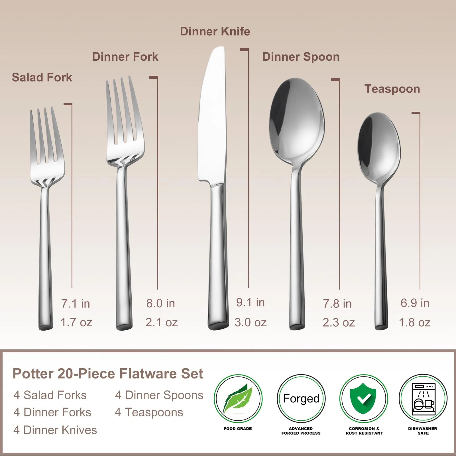 Alata Potter 20-Piece Forged Silverware Set Stainless Steel Flatware Set Cutlery Set,Service for 4,Mirror Finish,Dishwasher Safe - Image 7