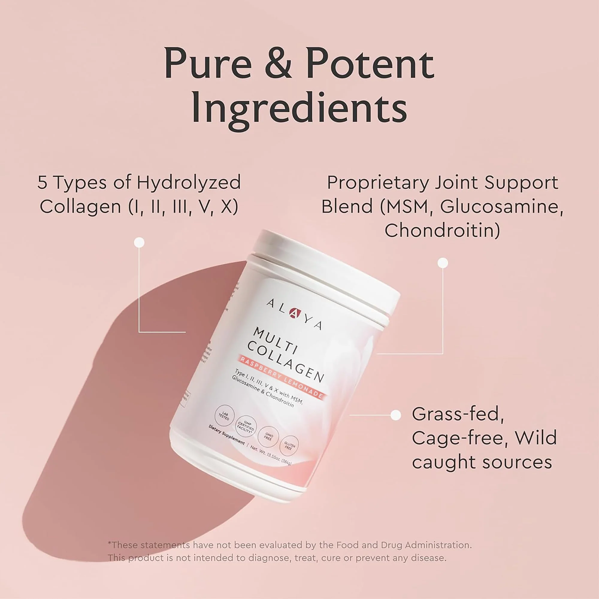 Alaya Multi Collagen Powder - Type I, II, III, V, X Hydrolyzed Collagen Peptides Protein Powder Supplement with MSM + GC (Raspberry Lemonade) - Image 3
