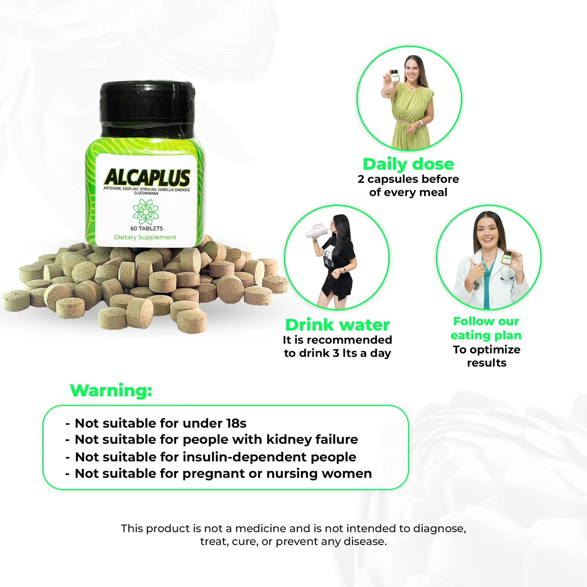 Alcaplus Original Natural Weight Loss Pills for Women Detoxifying and Controlling Appetite, Herbal Supplement with Artichoke, Eggplant, Spirulina, Green Tea, and Glucomannan Lose Weight Fast for Woman - Image 2