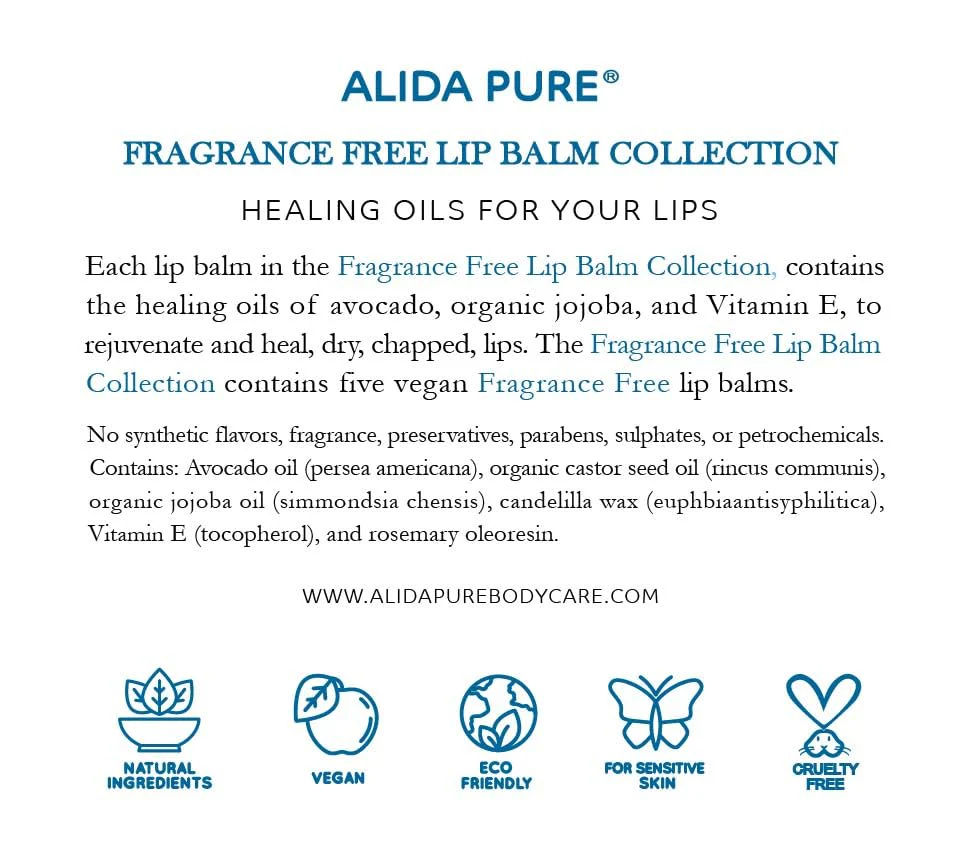 ALIDA PURE Fragrance Free Lip Balm, Vegan Set, Unscented, No Flavor, Beeswax Free, Organic Jojoba and, Avocado Oil, Vitamin E, Natural Moisturizer for Dry, Chapped, or Cracked Lips, 5 Tube Set - Image 2
