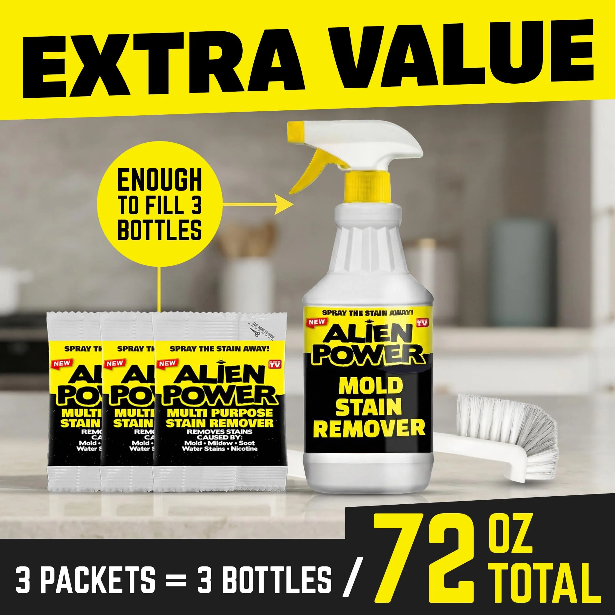 Alien Power Instant Stain Remover Spray for Mold and Mildew and Grout, All Purpose No-Scrub Cleaner for Bathroom & Household Surfaces, Tiles, Wall & Washing Machines - 3 Packets (Makes 72 Fl Oz) - Image 8