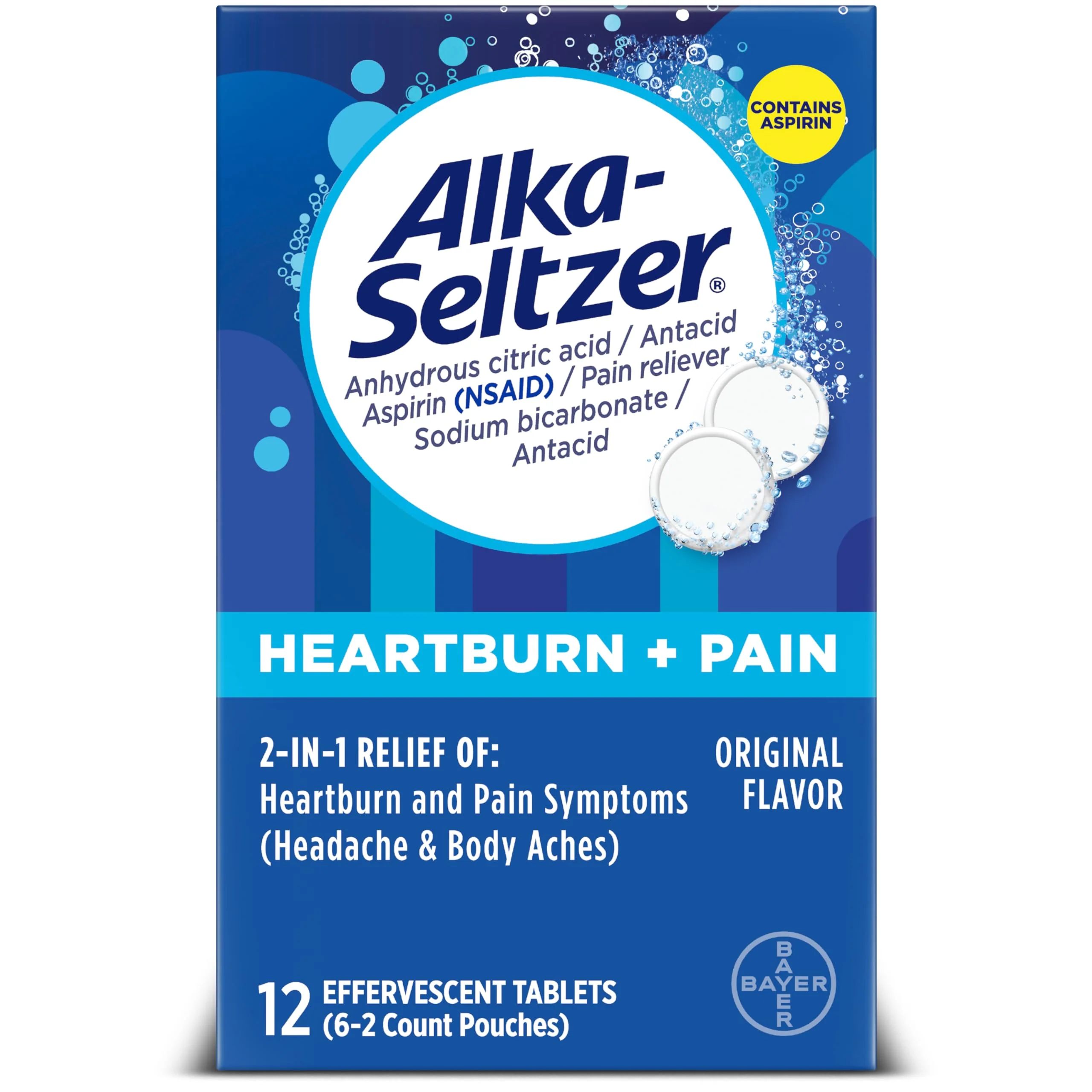 Alka-Seltzer Heartburn + Pain Effervescent Aspirin + Antacid Tablets, Fast Heartburn Relief and Acid Indigestion Relief, Pain Relief with Aspirin, 12 Ct