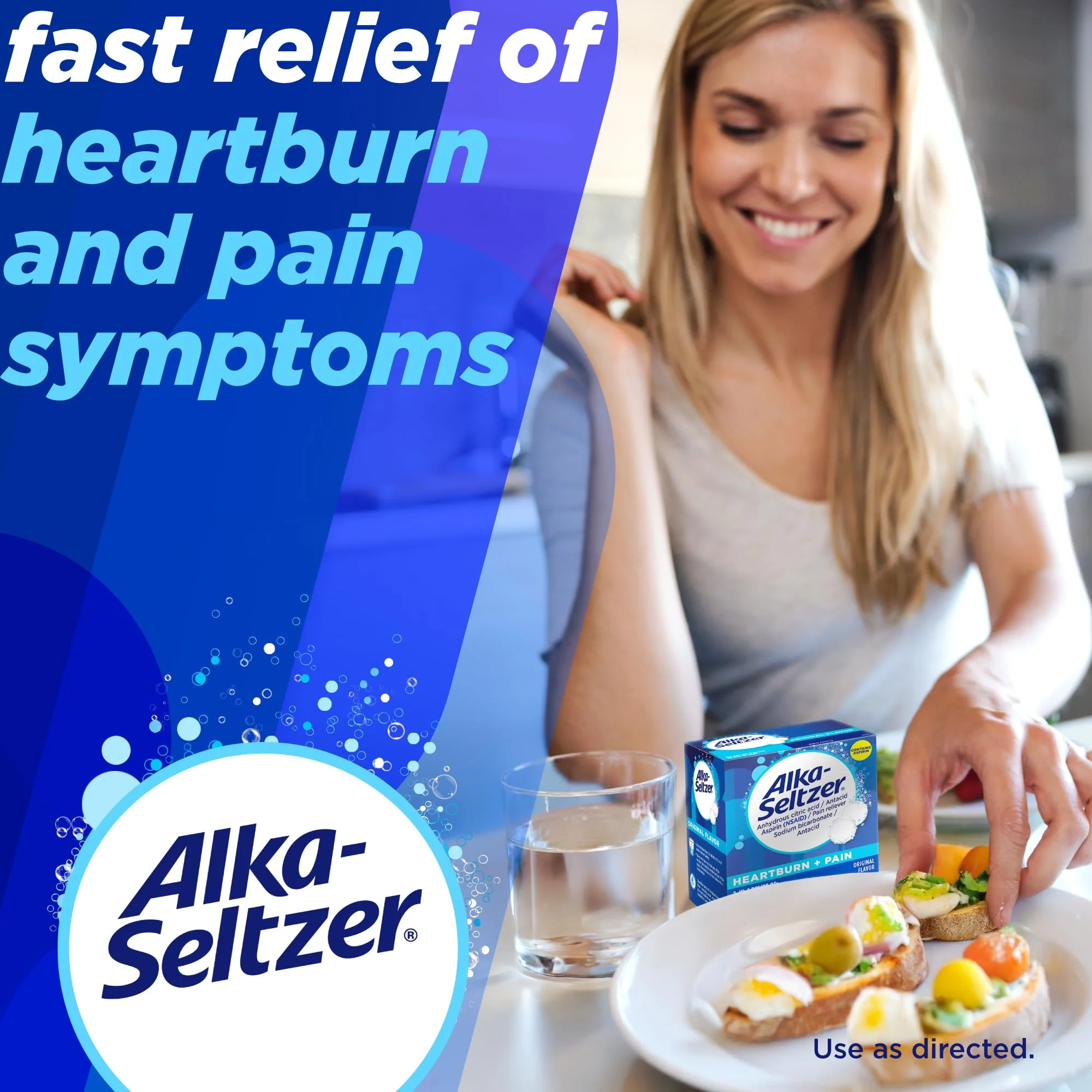 Alka-Seltzer Heartburn + Pain Effervescent Aspirin + Antacid Tablets, Fast Heartburn Relief and Acid Indigestion Relief, Pain Relief with Aspirin, 12 Ct - Image 2