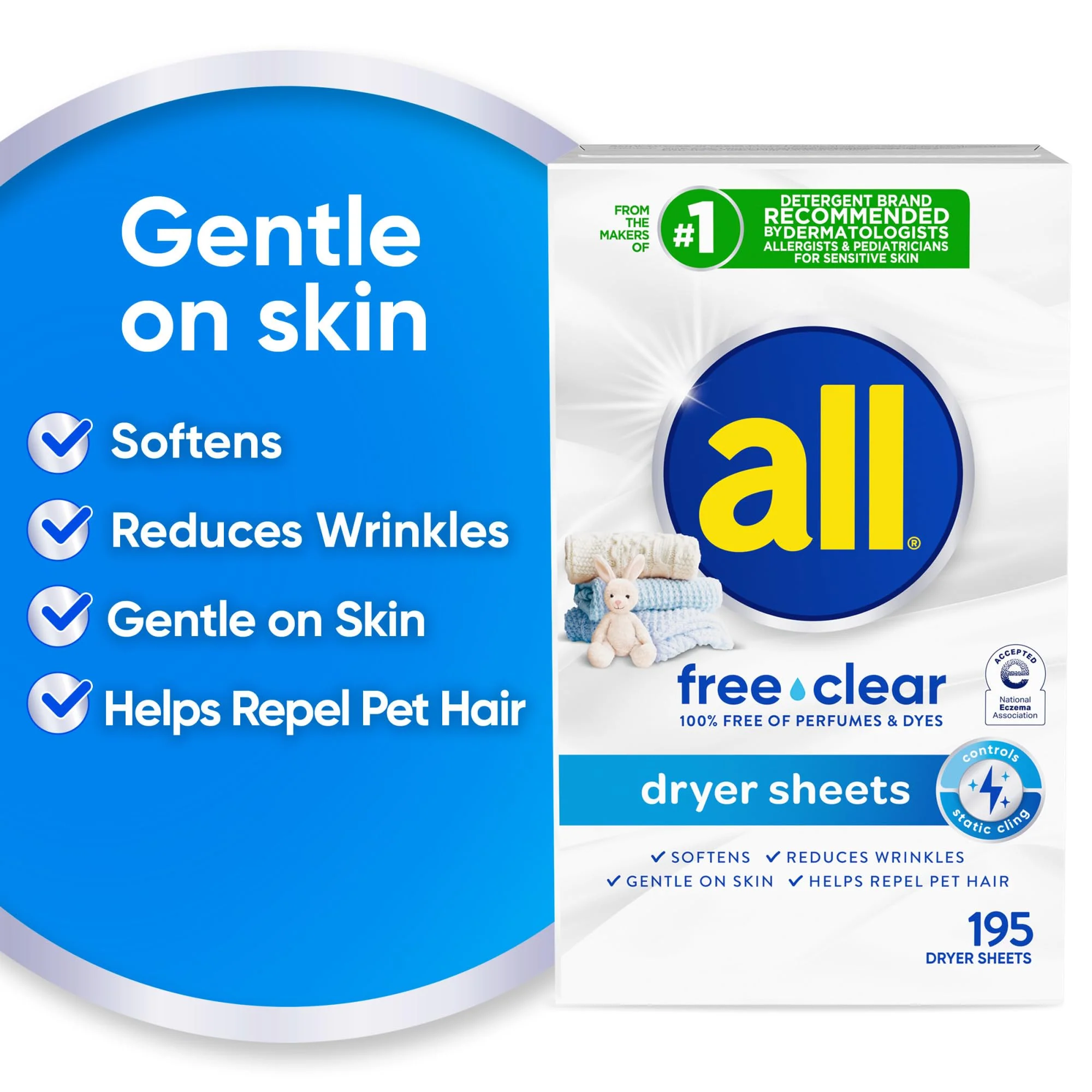all Fabric Softener Dryer Sheets for Sensitive Skin, Free Clear, 195 Count - Image 5