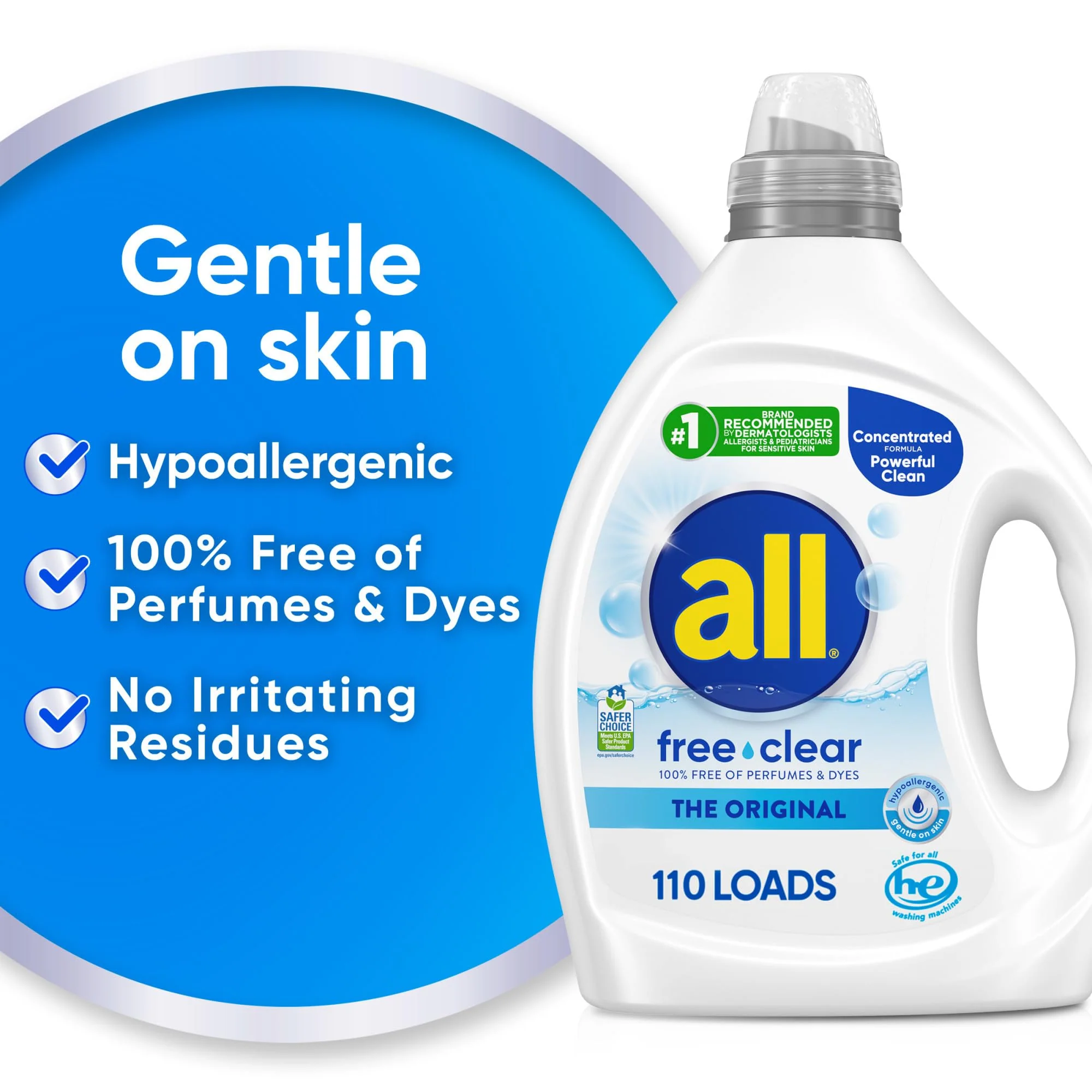all free clear, Original, Liquid Laundry Detergent for Sensitive Skin, Unscented and Hypoallergenic, Concentrated, 82.5oz, 110 Loads - Image 2