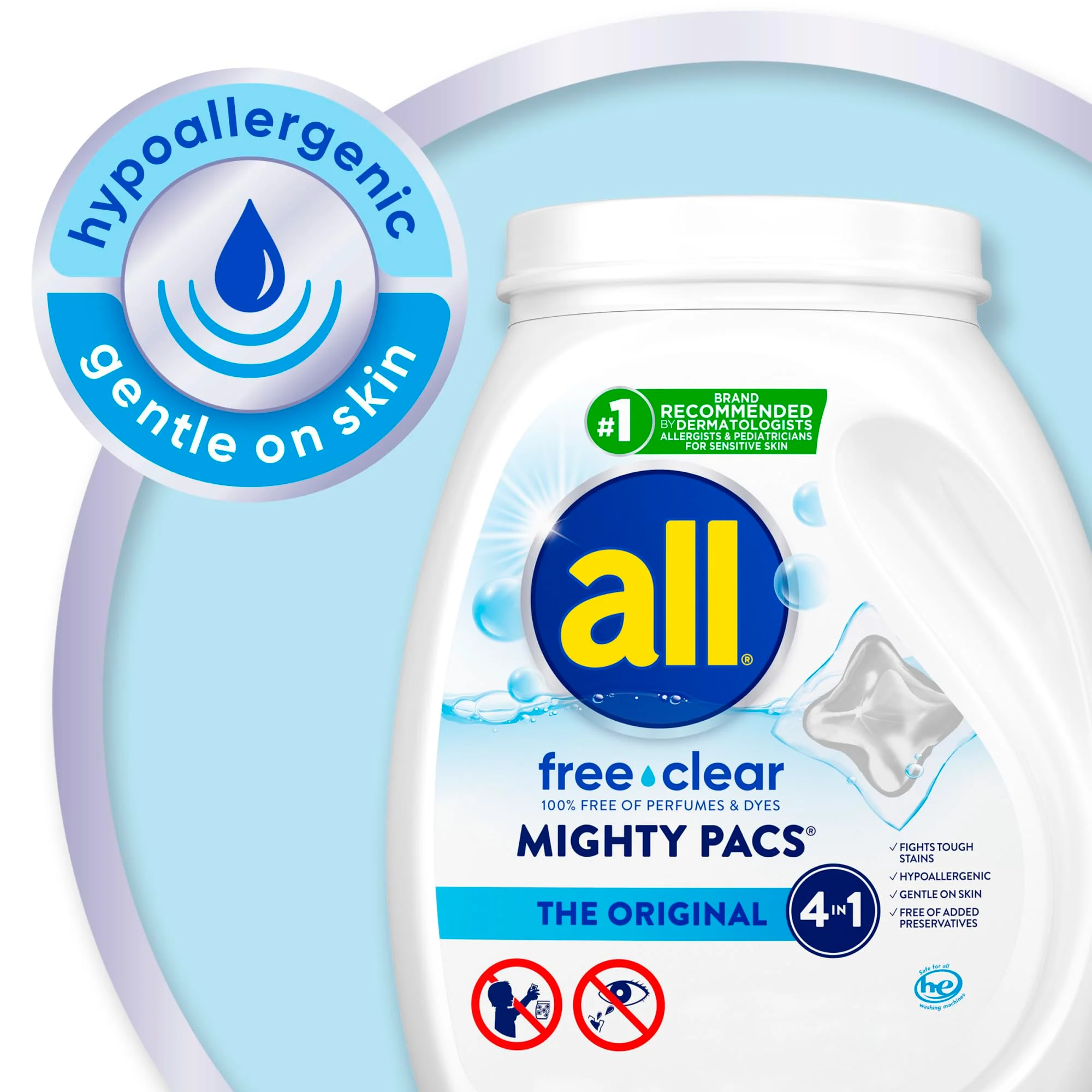 all free clear, Original, MIGHTY PACS Laundry Detergent Pacs for Sensitive Skin, Unscented and Hypoallergenic, 66 Count (Pack of 2) - Image 3