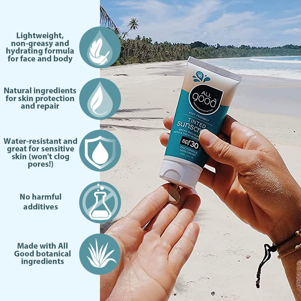All Good Sunscreen - Tinted Mineral Sunscreen for Face & Body - SPF 30, Water Resistant, Coral Reef Friendly, Coconut Oil, Jojoba Oil, Shea Butter, Aloe 3 oz (2-Pack) - Image 6