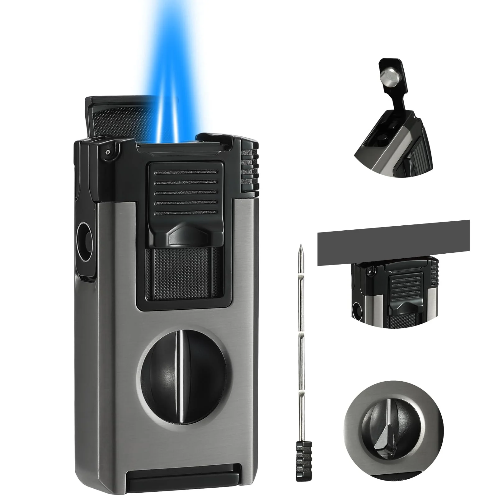 All in One Jet Flame Butane Torch Lighter Built-in Cutter V Cut, Punch, Holder Function, Draw Enhancer Tool, Refillable and Adjustable Windproof Gas Lighter, Black and Grey (Sold Without Gas)